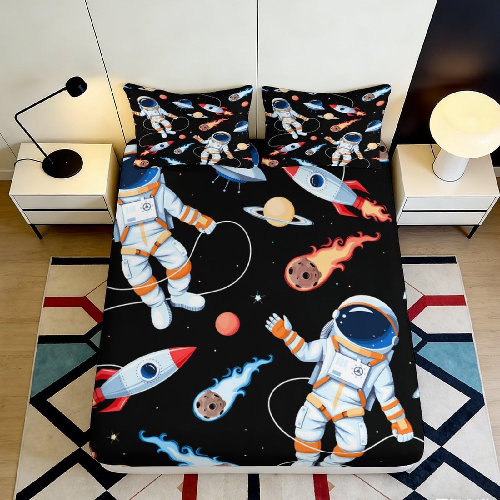 3D Printed Space Astronaut Fitted Sheet Microfiber Soft Breathable Rocket Meteor Mattress Cover for Bedroom Dormitory Guest Room Mattress Protection Decor 180x200x25cm