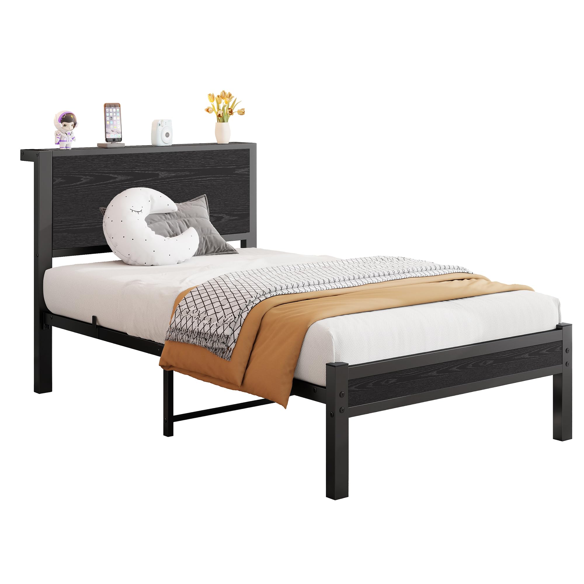 DUMEE Single Bed Frame with Wooden Storage Shelf Headboard, 3FT Metal Platform Bed Frame Single Bed, No Box Spring Needed, Enhanced Support, Black Oak