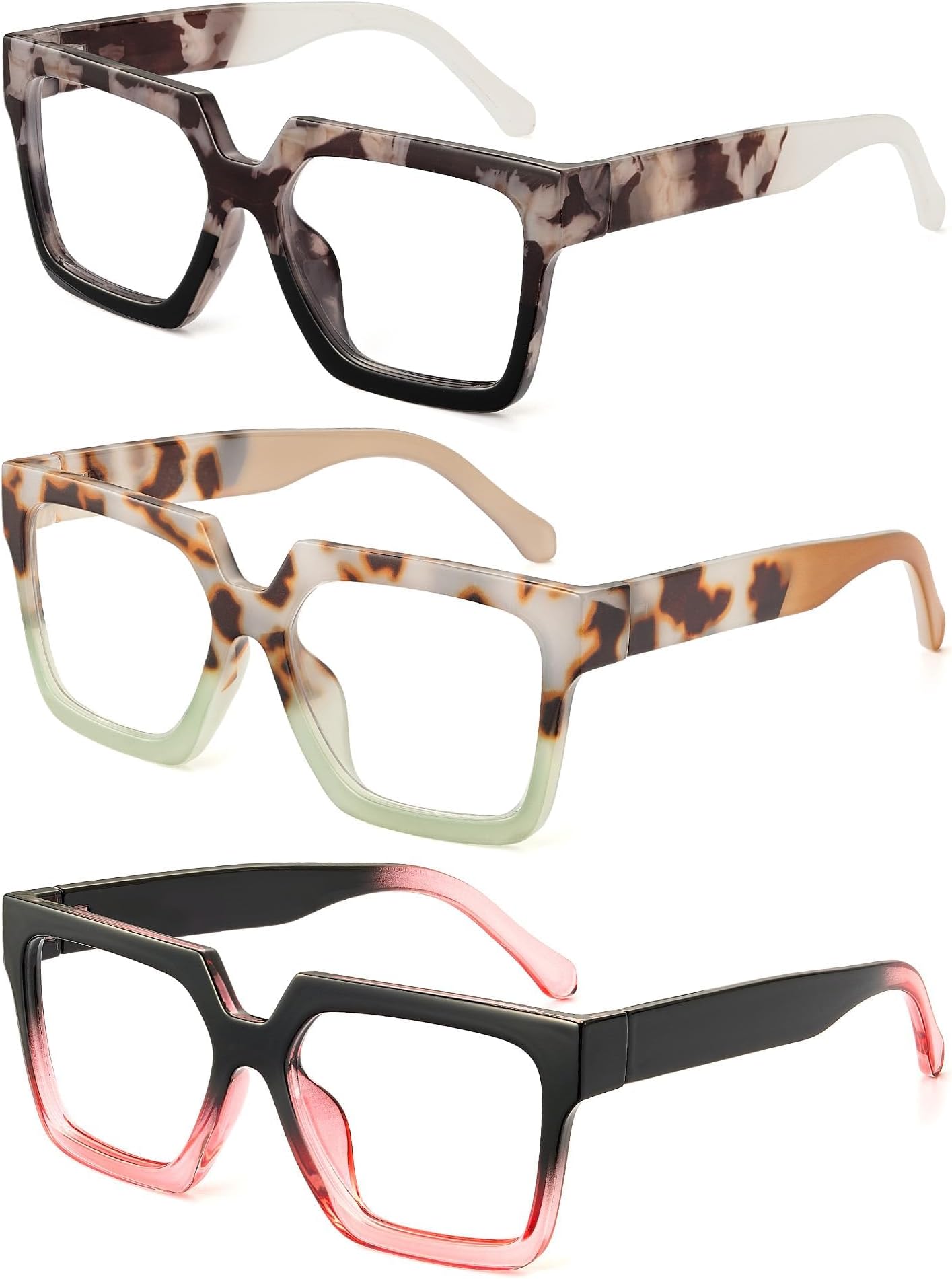 JM3 Pack Oversize Reading Glasses for Women, Large Funky Square Blue Light Blocking Readers