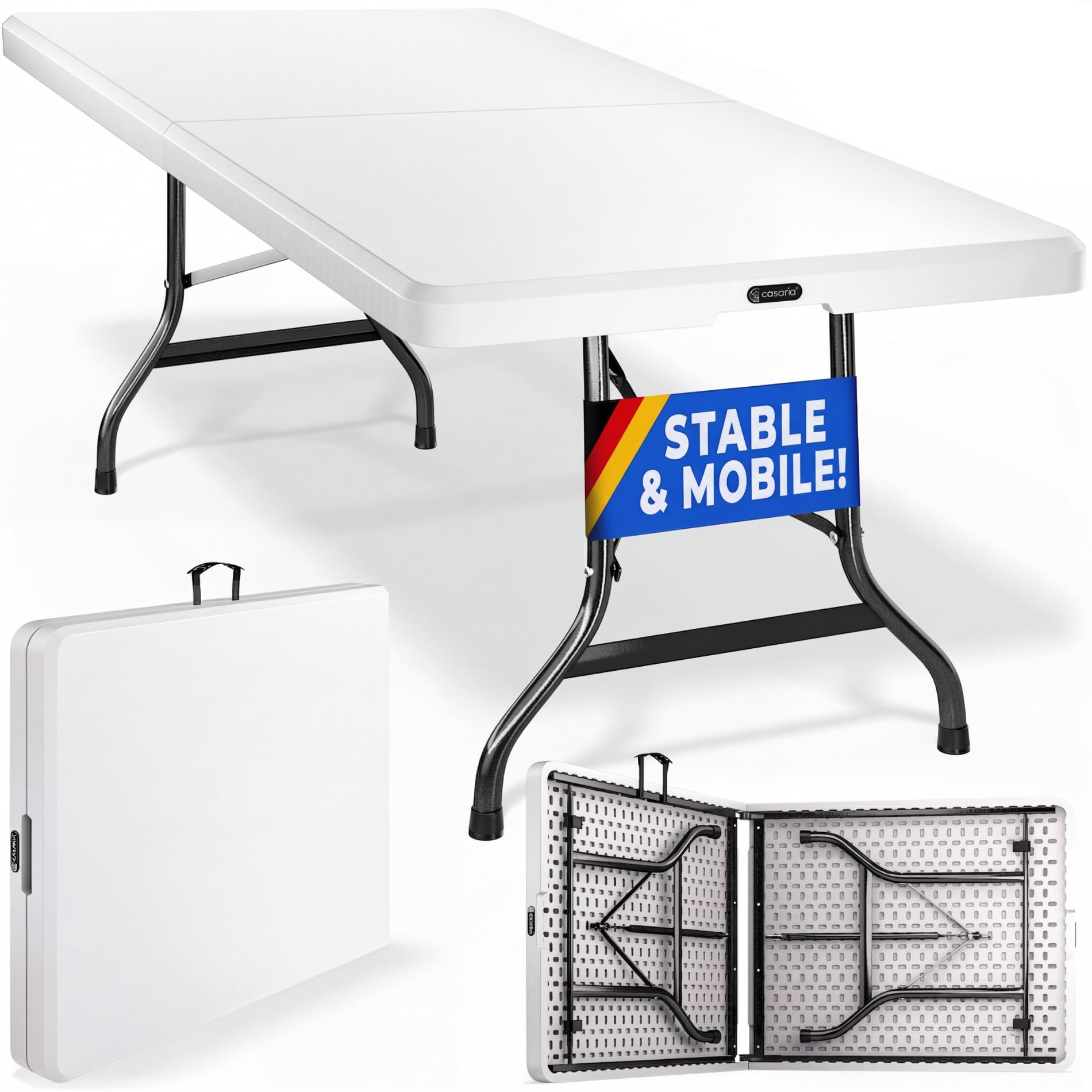 CASARIA® 7ft Folding Garden Table 220x70cm | Foldable Weatherproof Plastic Steel Buffet Trestle Table | Portable Carrying Handle Stable Balcony Patio Picnic Dining Camping | White