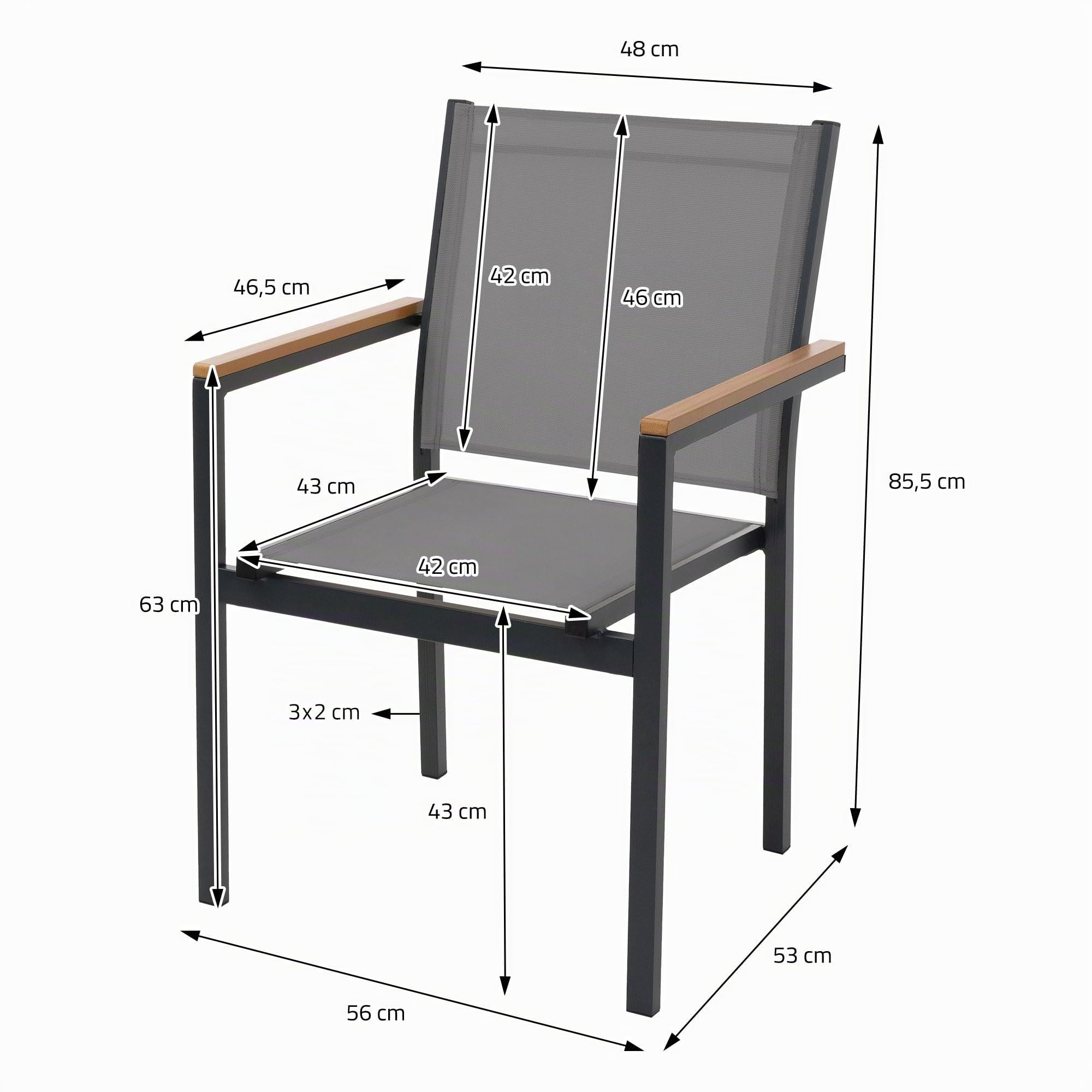 ML-Design Lot de 2 Chaises de Jardin avec Accoudoirs Aspect Bois, Gris Foncé, Structure en Aluminium Anthracite, Fauteuils en Textilène, Siège Empilable de Terrasse Balcon, Résistant aux Intempéries