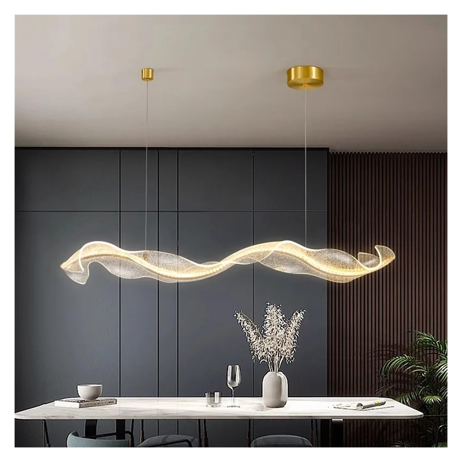 Lampada a sospensione LED lineare a onda artistica con cornice dorata e nastro in resina, luce ambientale calda, ideale per isola cucina, sala da pranzo, soggiorno e arredamento casa. (Length180cm)