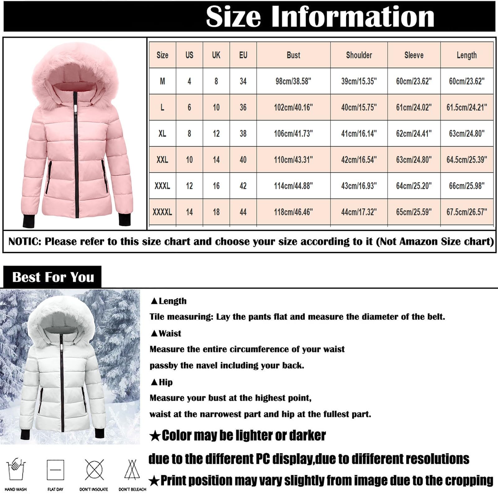 Cocila Cappotto invernale caldo con cappuccio da donna, trapuntato, spesso, imbottito, giacca invernale in cotone con cappuccio, in vita, in peluche, cappotto esterno, per sci e snowboard