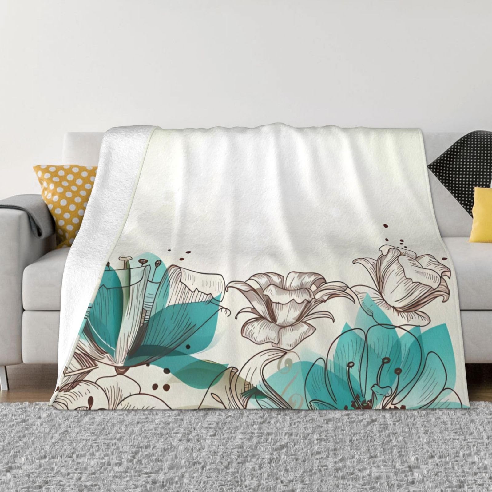 Couverture polaire en flanelle bleu sarcelle motif floral jeté de canapé peluche 150x200