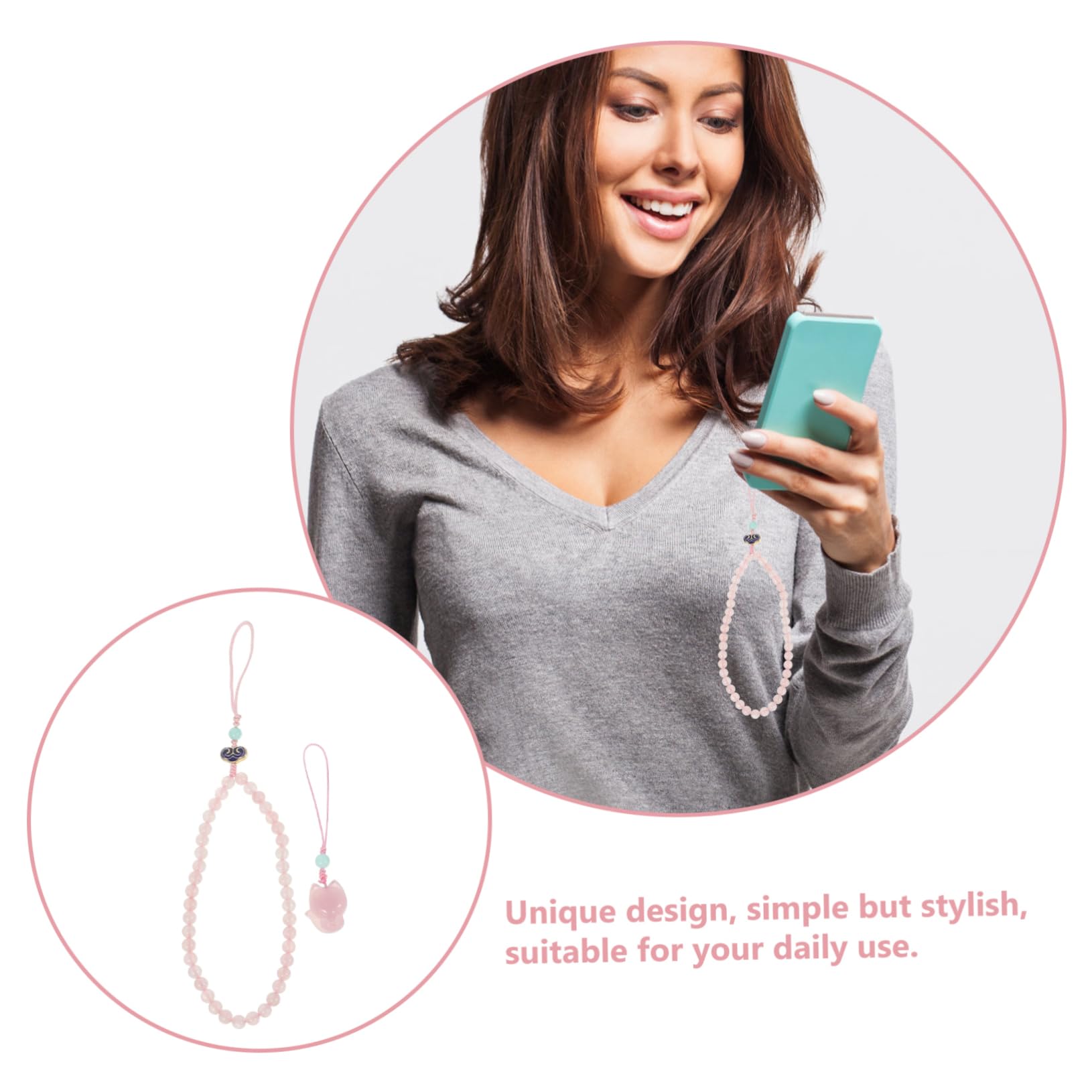 Housoutil 3piezas Cadena Corta De Teléfono Con Colgante De Correa De Muñeca De Cristal Rosa Accesorio Antirrobo Para Celular