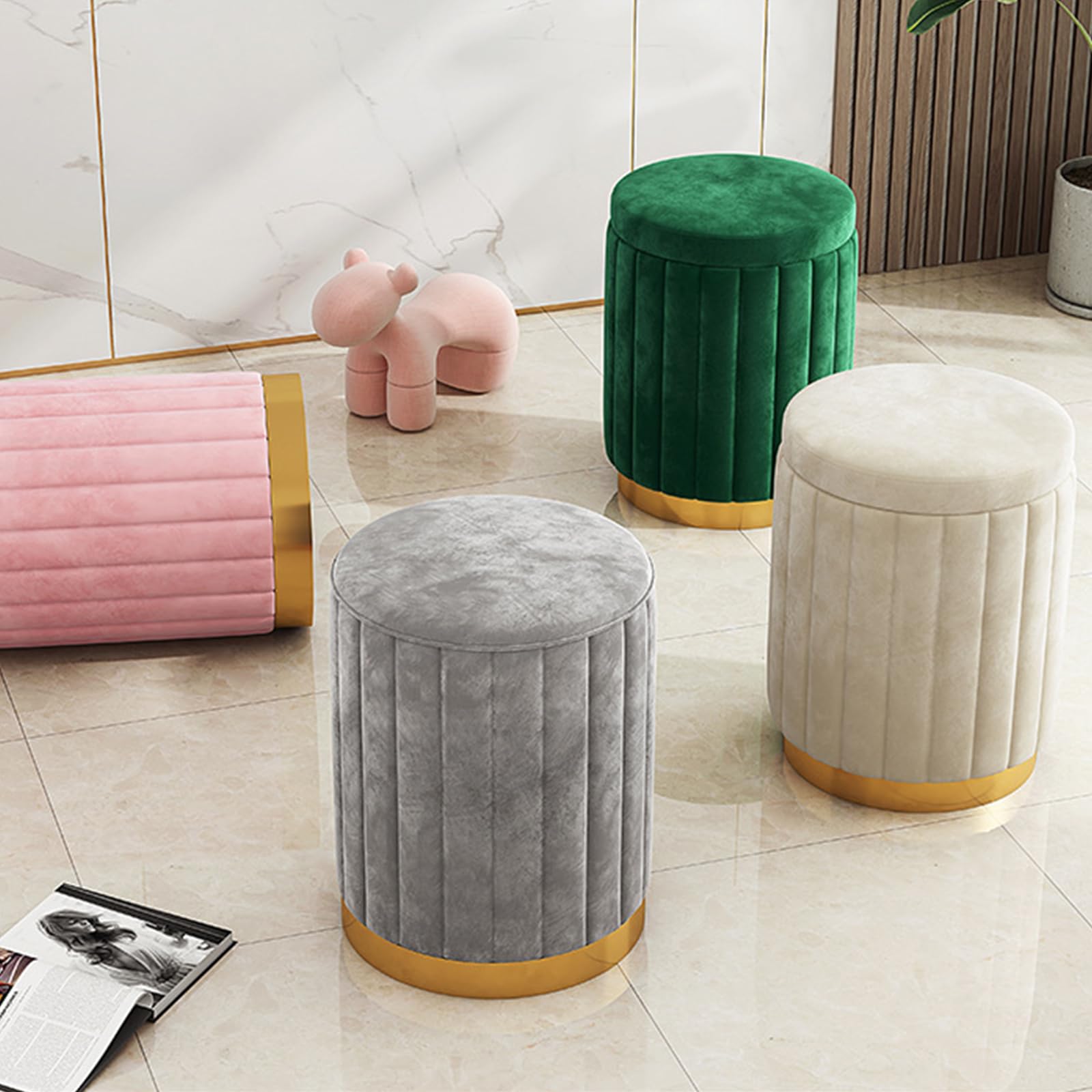 Pouf rotondo con contenitore, set di 2 sgabelli imbottiti in velluto con base in metallo, sgabelli moderni per camera da letto, soggiorno, mobili per la casa (set da 2, caffè)