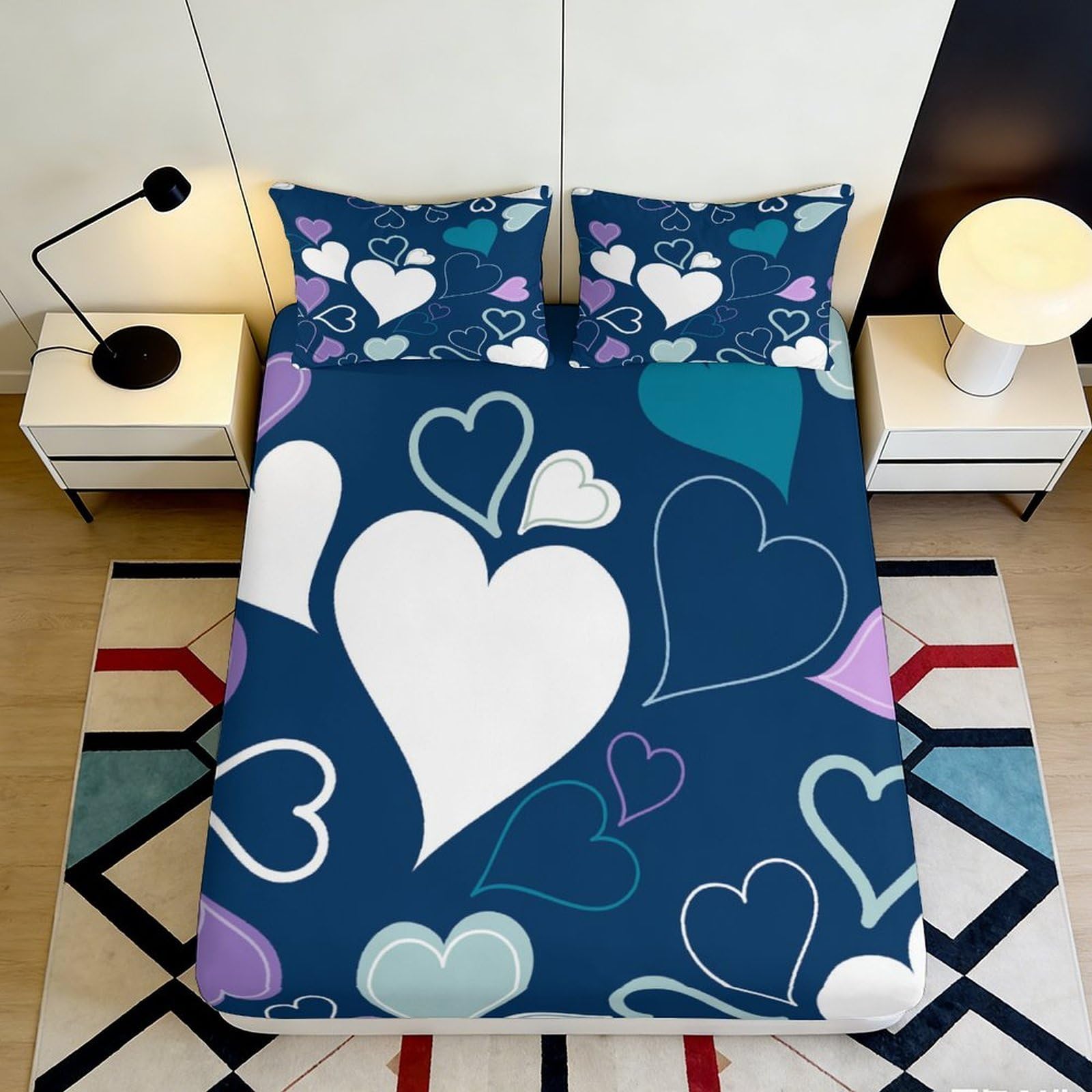 3D Printed Blue Heart Pattern Fitted Sheet Microfiber Mattress Cover for Bedroom Guest Room Easy Care Non-slip 200x200x25cm