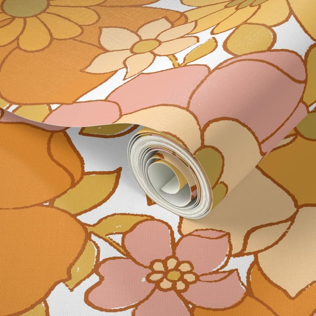 Spoonflower Peel & Stick Wallpaper 6ft x 2ft - Retro Floral White Vintage 70s Flower Power Custom Removable Wallpaper