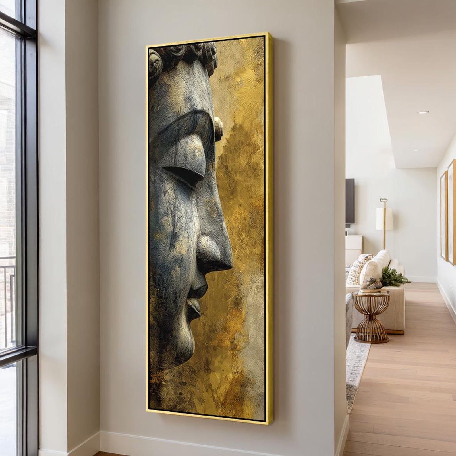 XINBAO Dark Buddha Print, Vertical Minimalist Zen Decor, Spiritual Buddha Portrait, Hindu Painting, Buddhist Wall Art Canvas(45x135cm/Frameless)