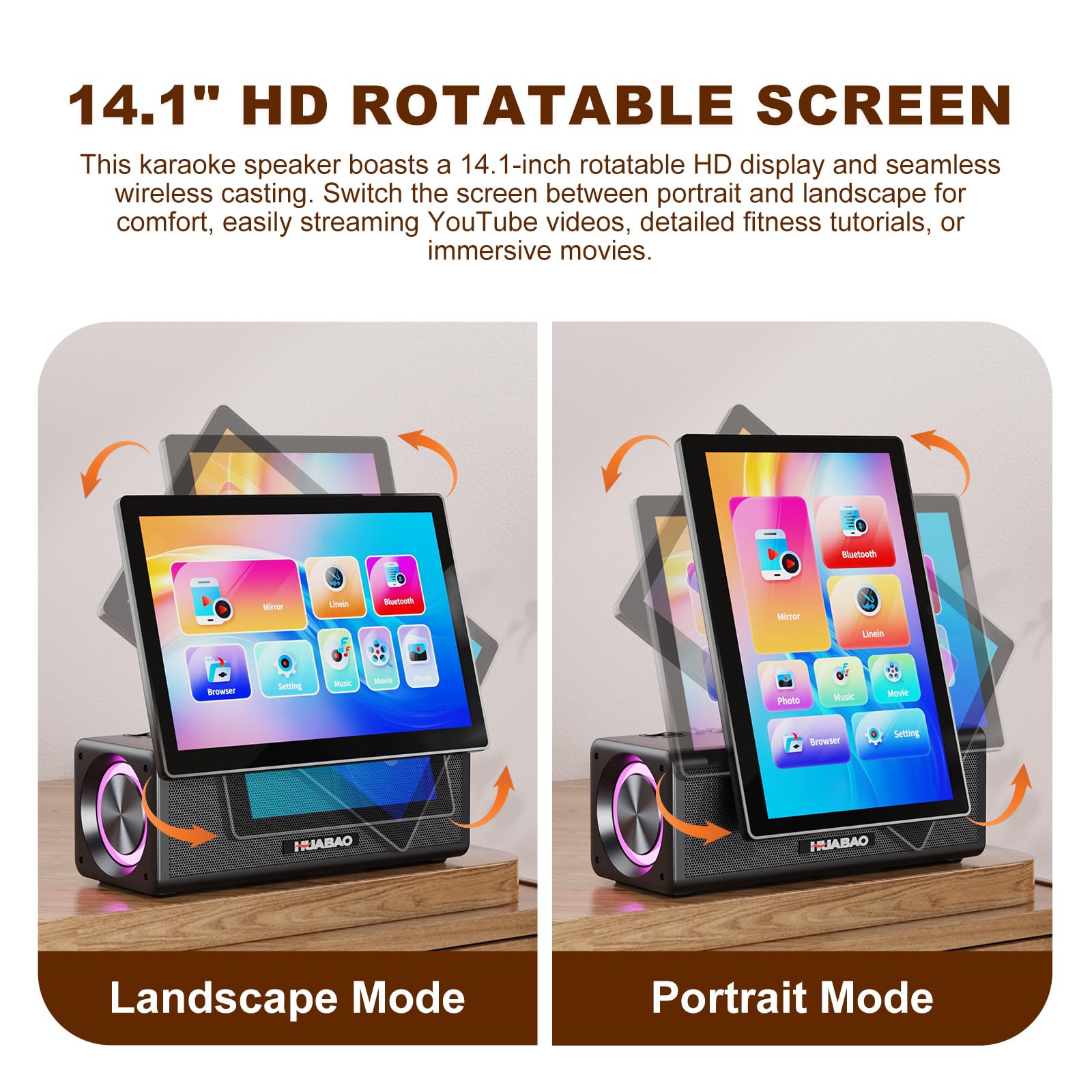 Tragbare Karaoke-Maschine mit 14,1-Zoll-HD-Drehbildschirm, kabelloser Bildschirmspiegelung für Android und iOS, Bluetooth-Party-Lautsprecher mit Liedtextanzeige und Beleuchtung, 2 Mikrofone