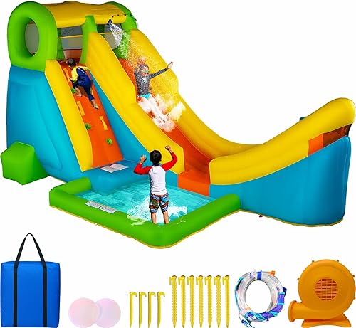 Sportspower Casa inflable de tobogán acuático de medio tubo con aro de baloncesto, resistente, diversión de verano en el patio trasero, soplador