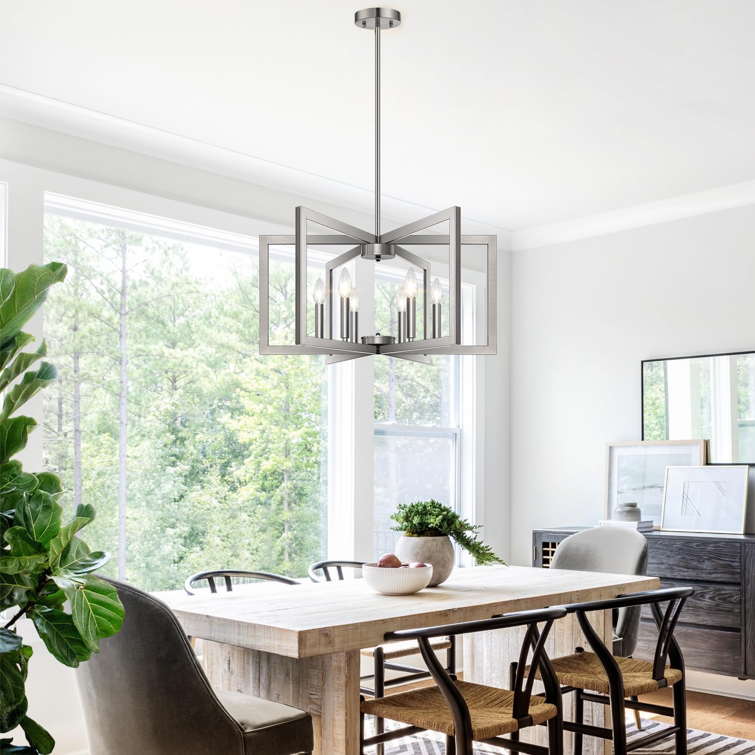 25" Modern Brushed Nickel Chandelier for Dining Room, No Assembly Required Brushed Nickel Dining Room Light Fixture Over Table, Industrial Metal Hanging Pendant Lights Fixture for Kitchen Island