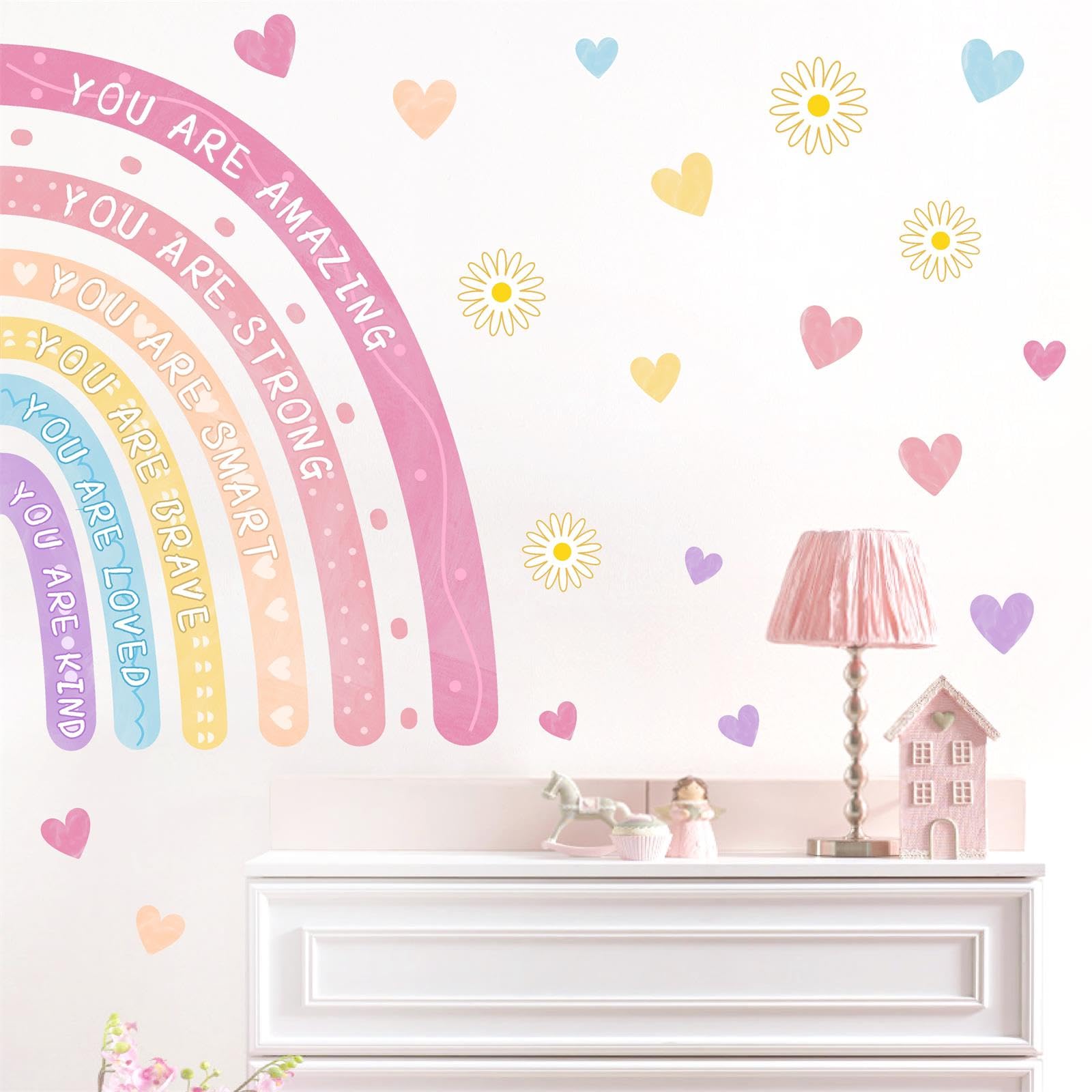 Watercolor Rainbow Wall Decals Peel and Stick You are Inspirational Walls Decal Nursery Wall Decor Baby Girls Room Walls Stickers Colorful Heart Art
