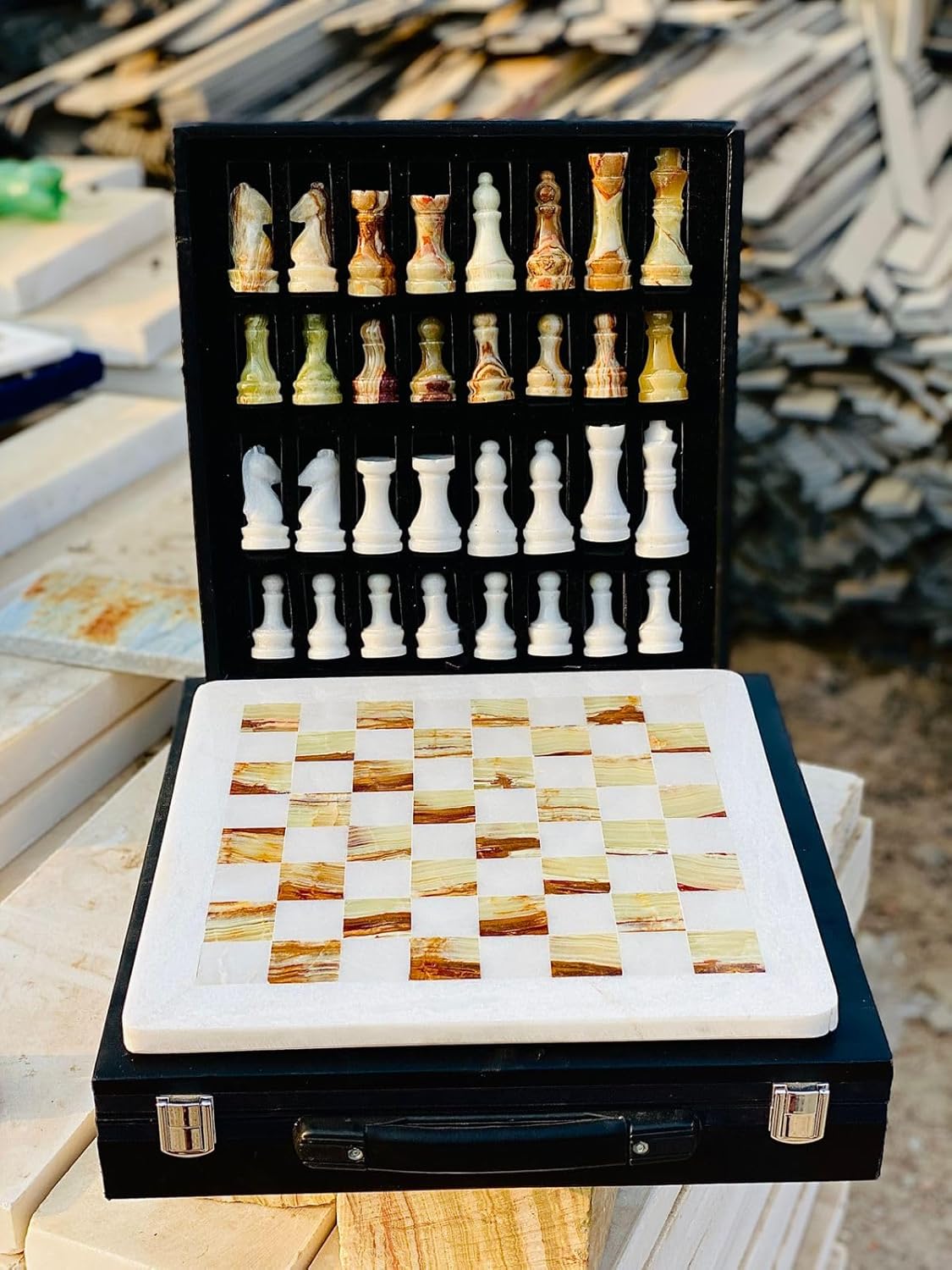 12-Inch Marble Chess Set with Hand-Carved Pieces – Includes Black Faux Leather Storage Gift Box (White Brown)