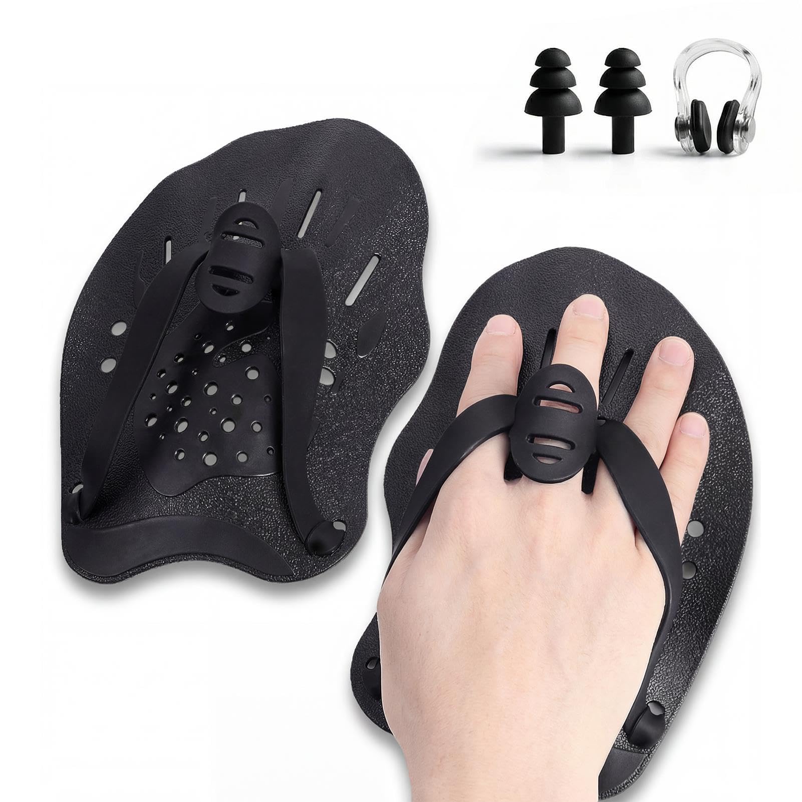 1 Pair Swimming Hand Paddles, Swimming Paddles for Hands Adult with Nose Clips and Earplugs, Hand Paddle for Swiming Training, Silicone Pool Training Equipment for Adults Unisex