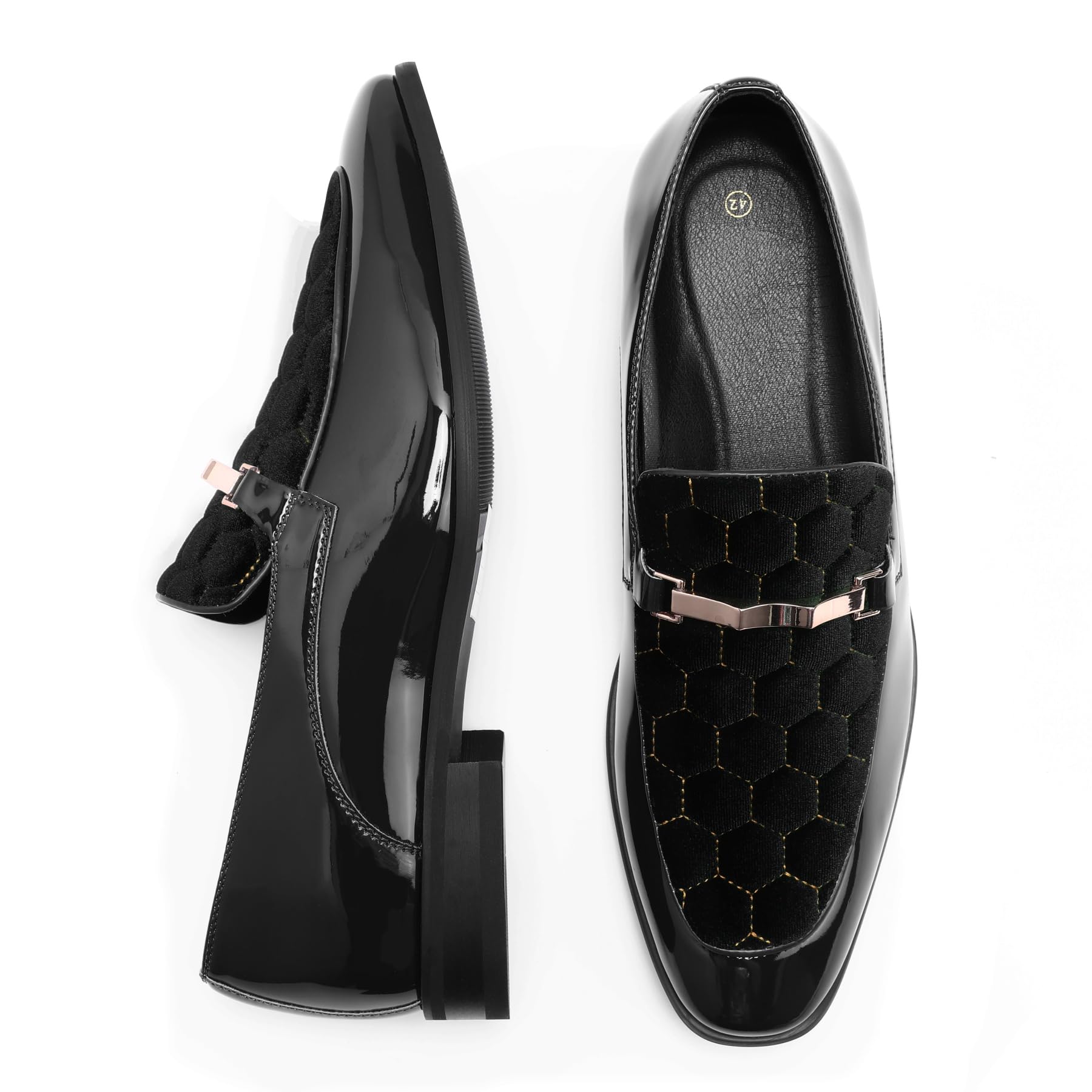 YFFUSHI Mocasines Hombre Cuero PU Brillante Terciopelo con Hebilla Metálica Zapatos Elegante Comfort Slip On Loafers Cena Traje