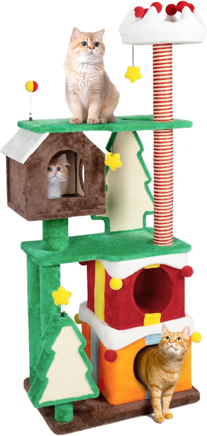 NUNU LAB Christmas Cat Tree, Multi-Level Cat Tower, Modern Cute Cats Tree, with Cat Condos, Sisal Ramp Scratching Posts, Cozy Basket, for Indoor Use (KM057)