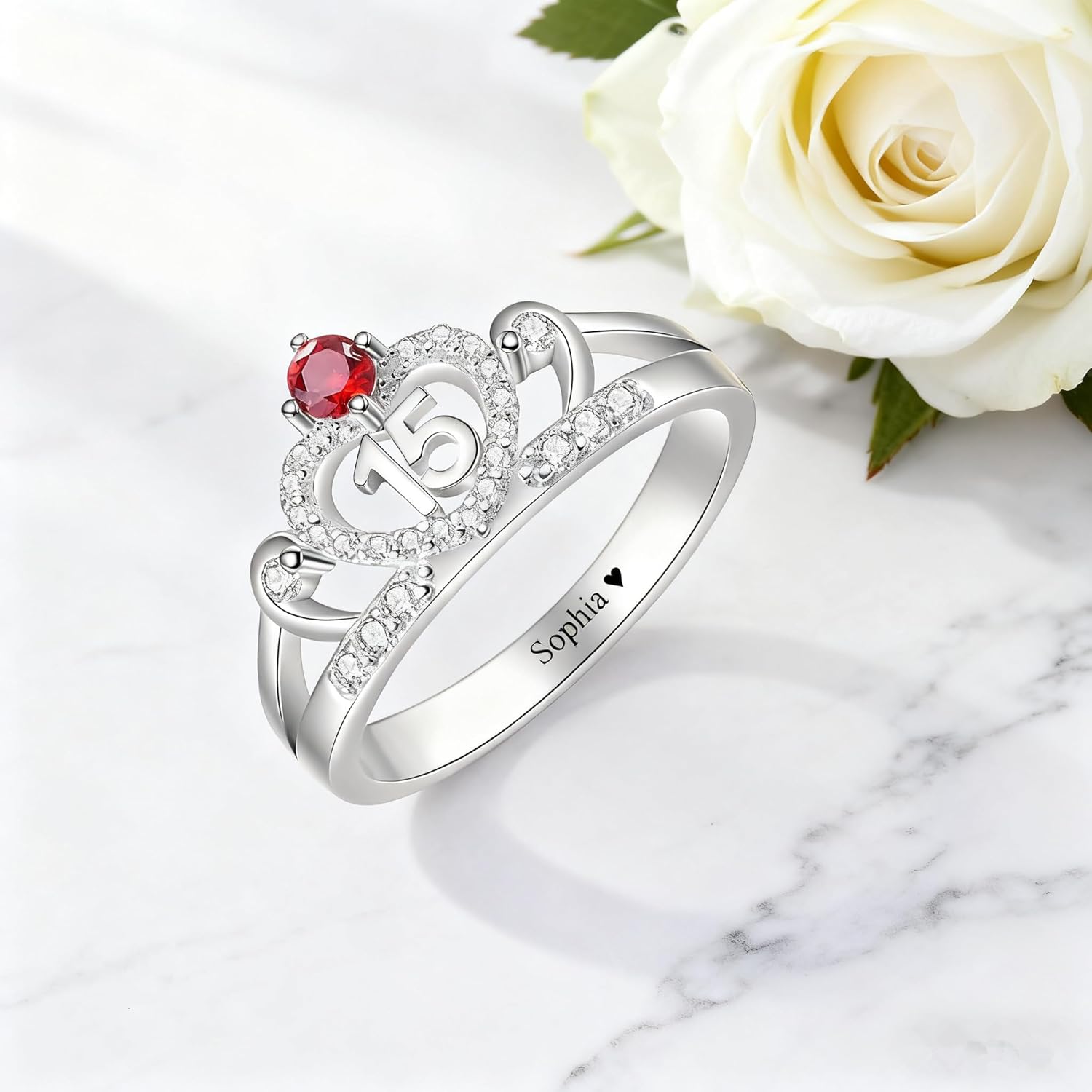 Personalized Sweet 15th Ring with Birthstone Custom Engraved Name Birthstone Ring 925 Sterling Silver 10K 14K 18K Gold Rings Gift for Women Birthday Christmas