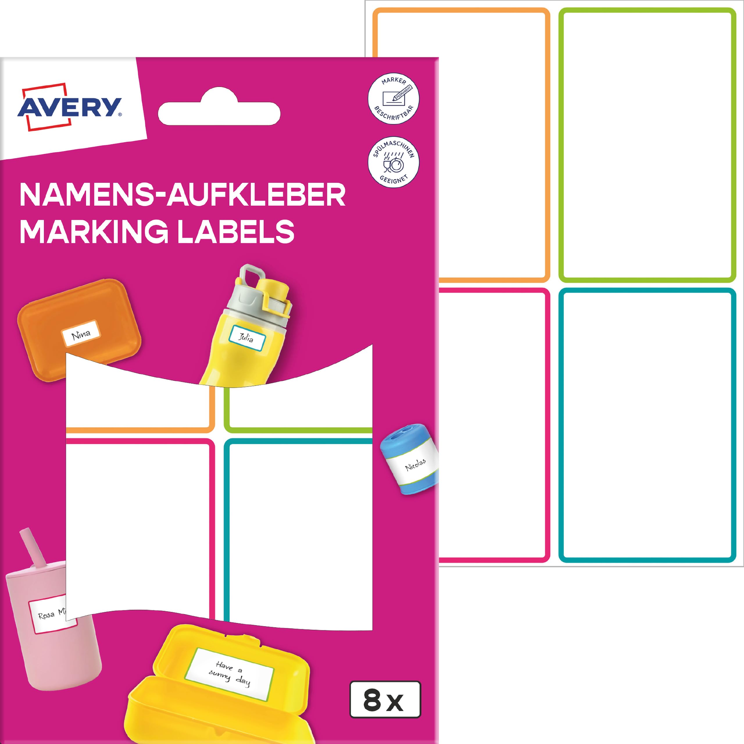 Avery Zweckform Namensaufkleber – Namensaufkleber, bunt, 46x72 mm, 8 Stück