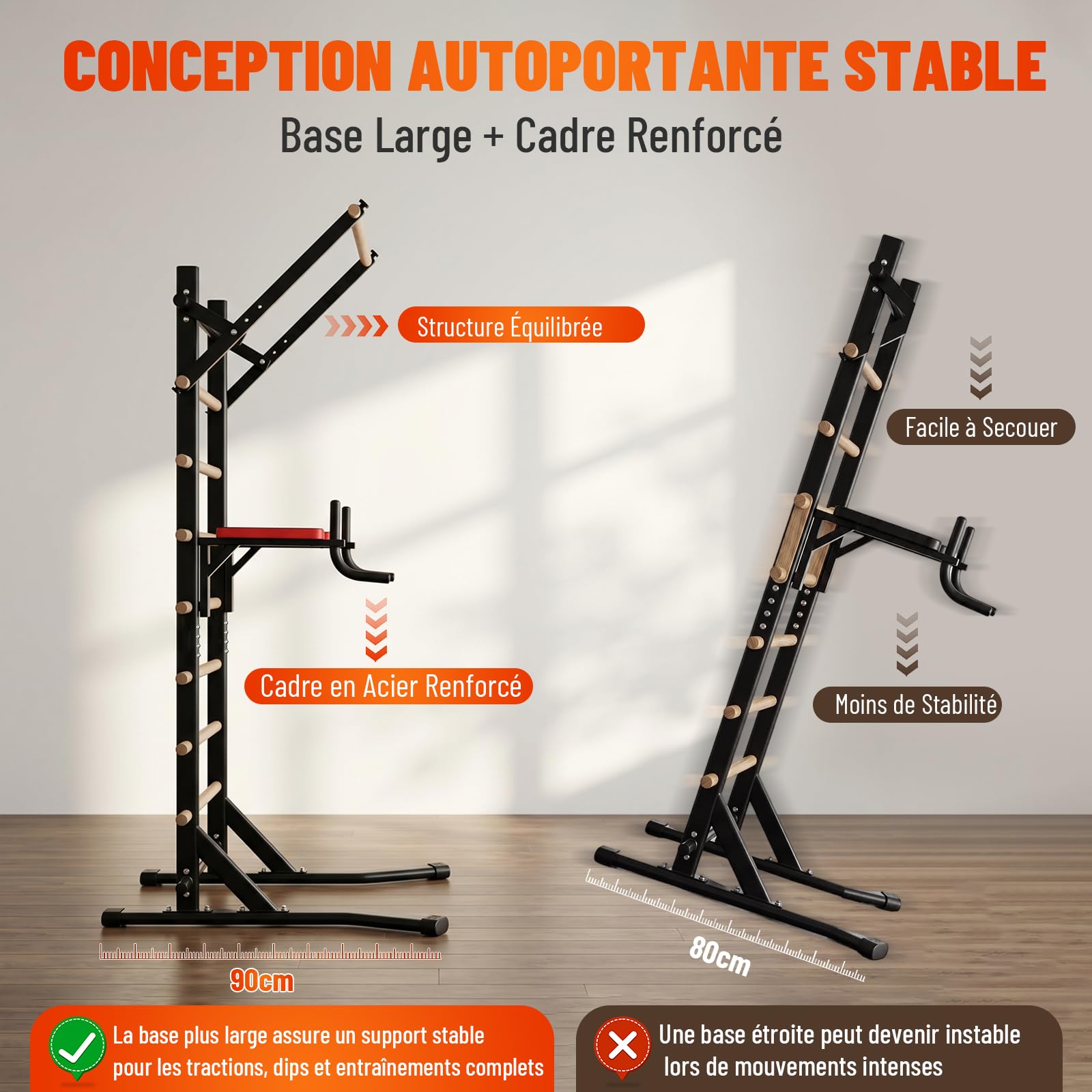 Chaise Romaine Power Tower avec barre de traction et espalier suédois autoportant, capacité de charge 150 kg, sans fixation murale, station de musculation 228 cm pour entraînement à domicile
