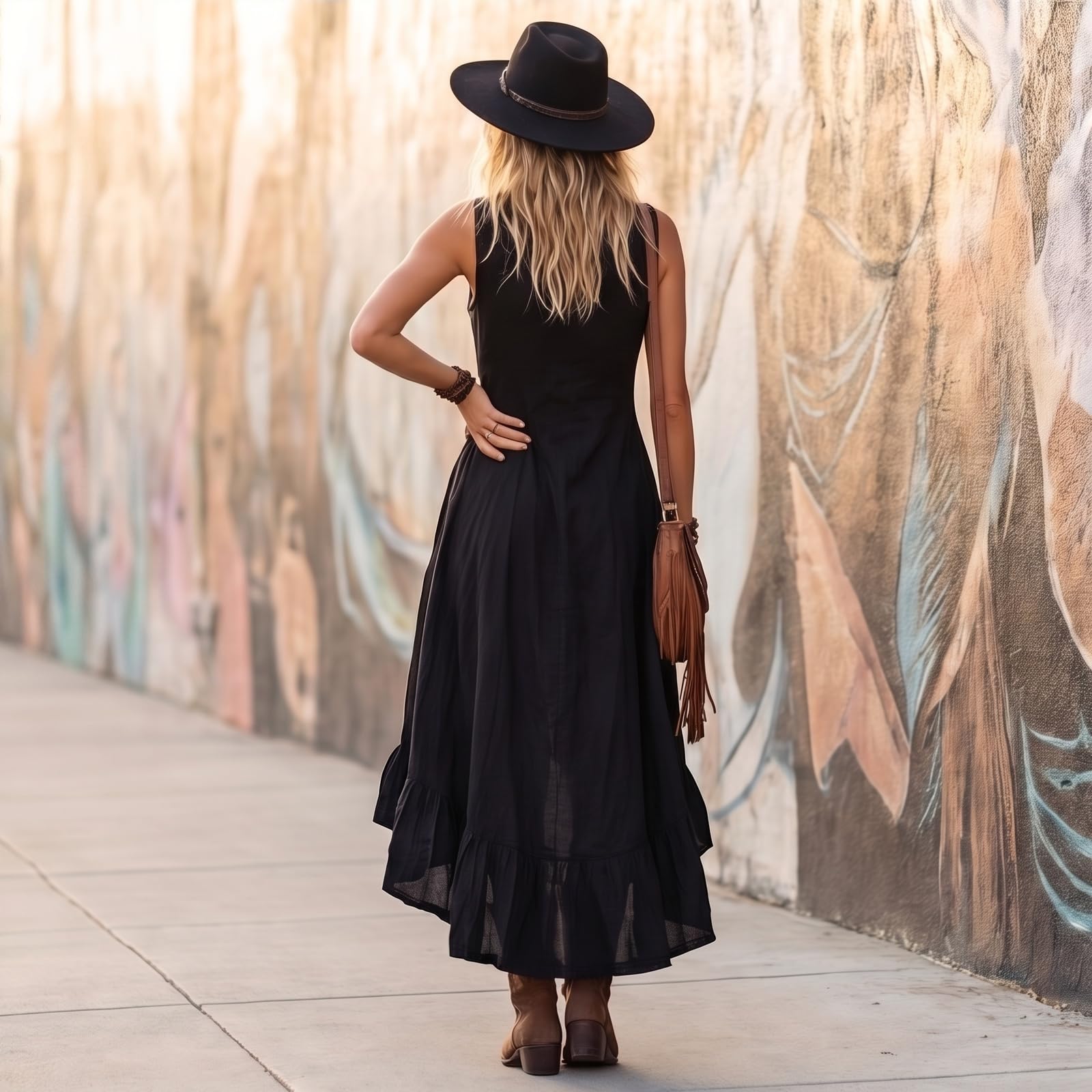Vestido Asimétrico De Lino para Mujer con En V Mangas Volante Frontal Y