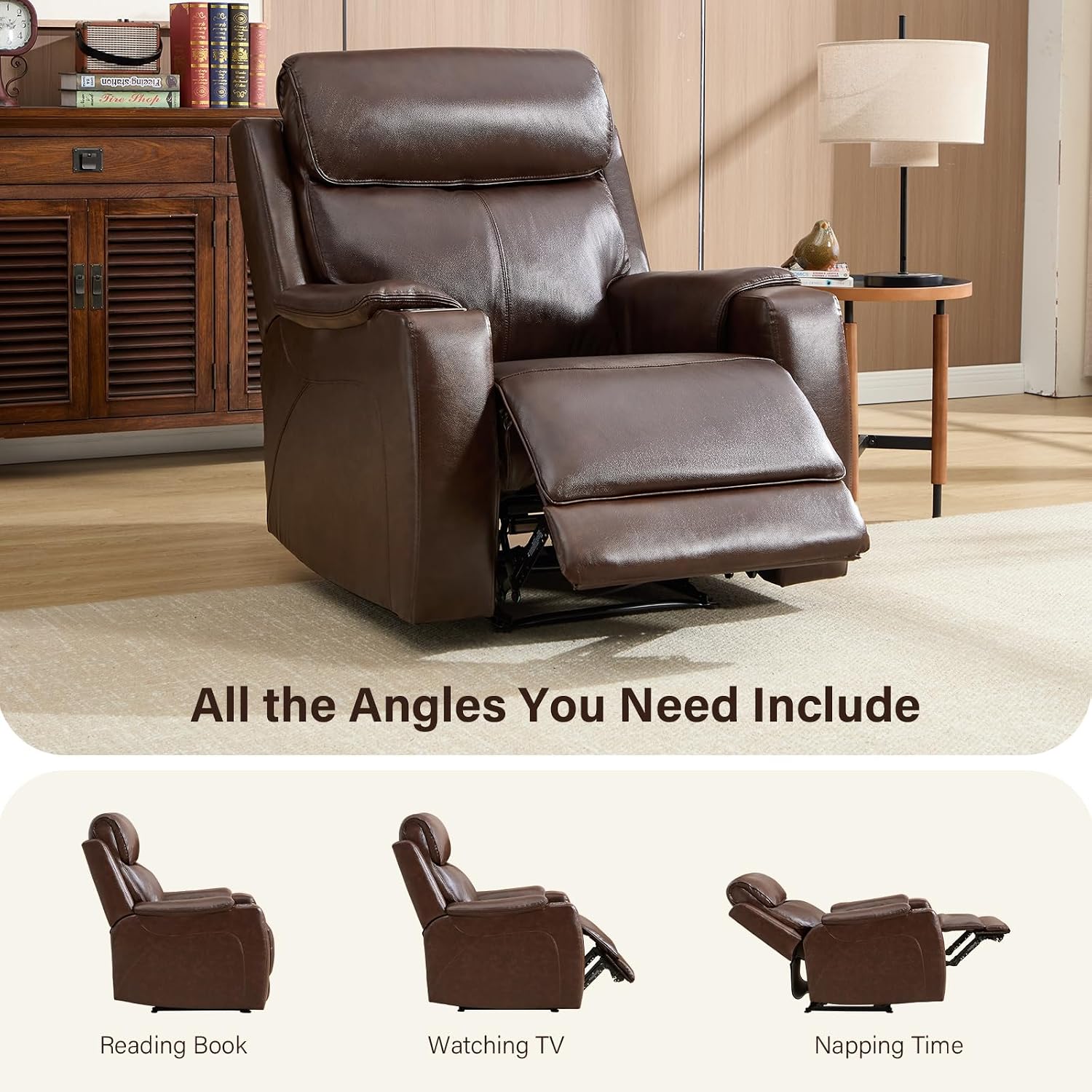 CANMOV Genuine Leather Recliner Chair,Power Recliner Chair with Adjustable Headrest,Breathable Leather Reclining Single Sofa with Wireless Charger,USB& Type-C Charging Port,Dark Brown