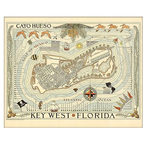 Key West Florida Illustrated Pictorial Art Print circa 1940 - Antiguos Maps Cayo Hueso - Art Vintage Wall Decor (Unframed Print Poster, 11" x 14")