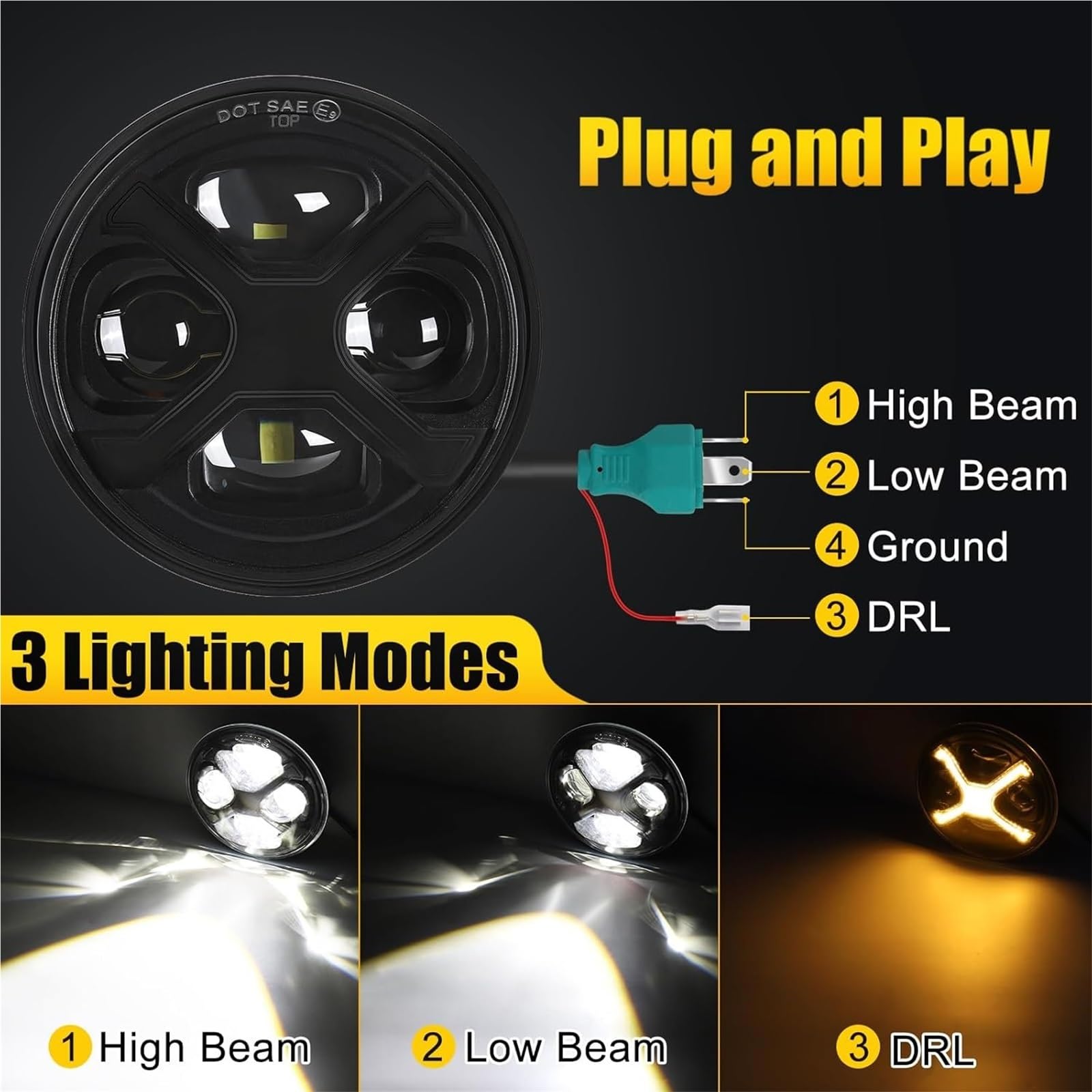 LED Fendinebbia Faro Per Motocicletta A LED Da 5-3/4 Da 5,75 Pollici Con Fari Rotondi DRL Ambra X Abbaglianti/Anabbaglianti Bianchi Faro Moto