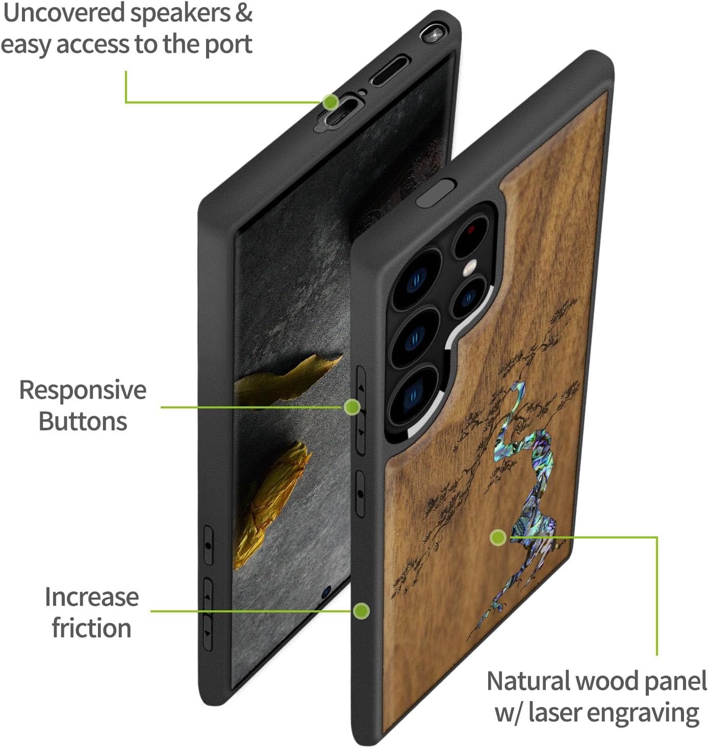 Carveit Designer Wooden Case for Samsung Galaxy S24 Ultra Case [Wood Engraving & Shell Inlay] Compatible with Wireless Chargers S24 Ultra (Majestic Pine Tree-Walnut)