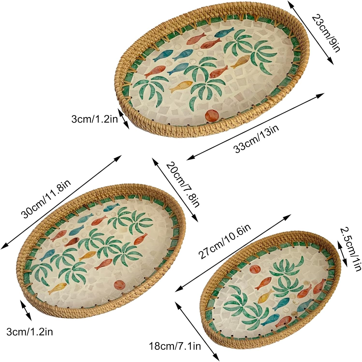 Set of 3 Rattan Serving Tray Handwoven Colorful Shell Oval Tray Desktop Decorative Basket Trays Snack Fruit Storage Tray for Dining, Coffee, Home Decor(Underwater World)