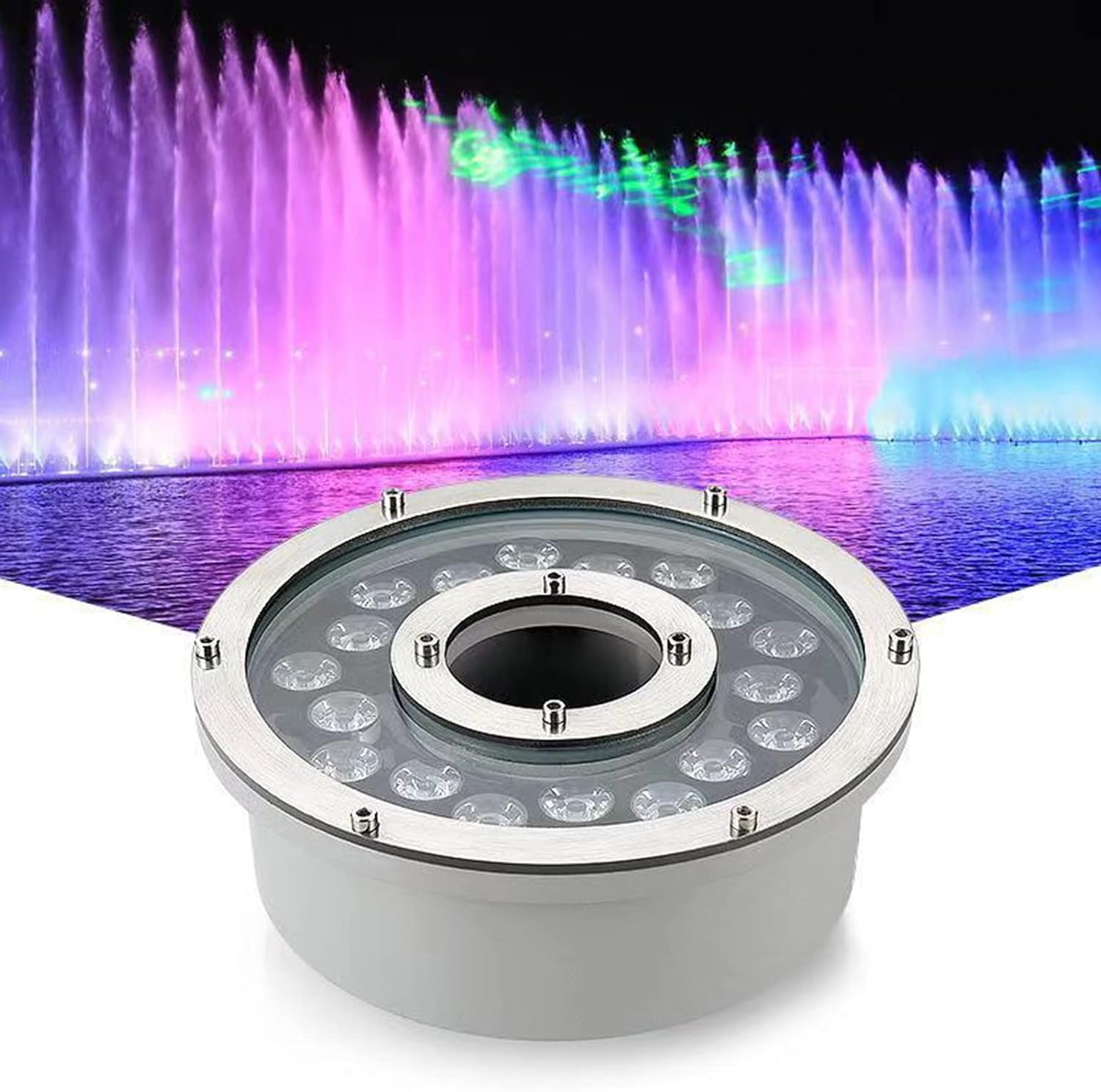RGB Stainless Steel Ring Fountain Light LED Color Changing Underwater Light IP68 Waterproof Low Voltage Pond Light For Hotel, Park Fountain, Swimming Pool, Waterfall, Fish Pond(RGB-AC12V,18W)