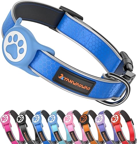 Heavy Duty Dog Collar with Silicone AirTag Holder, Waterproof & Reflective Padded Pet Collar for Night Walking, Hotpink Plaid Oxford Cloth, Adjustable Buckle (Blue S)