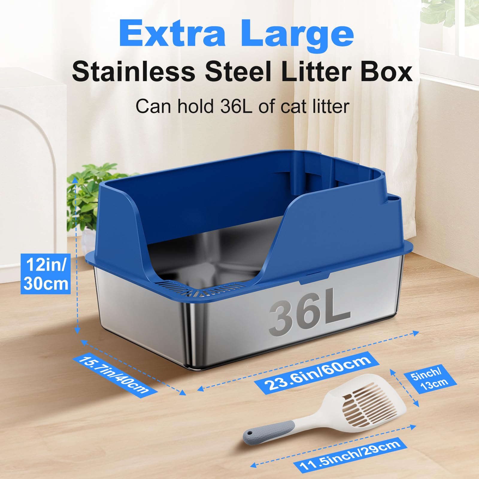 Non-stick Stainless Steel Litter Box, XL Side Opening Splash-Proof & Leak-Proof Seamless Seal, Ellenpent Large Capacity, Cat Litter Box with Lid for Multi-Cats, Large Cats, Easy-Clean & Durable (Blue) - image 2