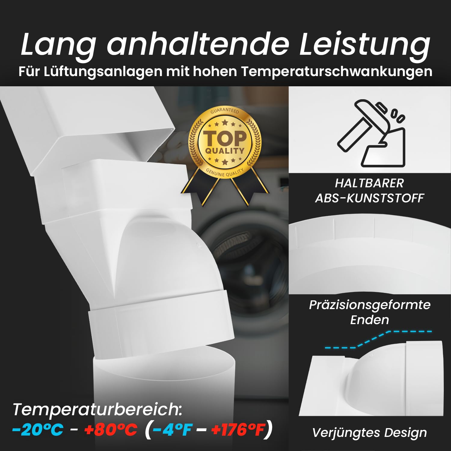 Repa Market Conector de tubo rectangular de 120 x 60 mm para tubo de ventilación redondo de 100 mm – plástico ABS tubo redondo conexión, calefacción, refrigeración, canal plano/conducto de ventilación