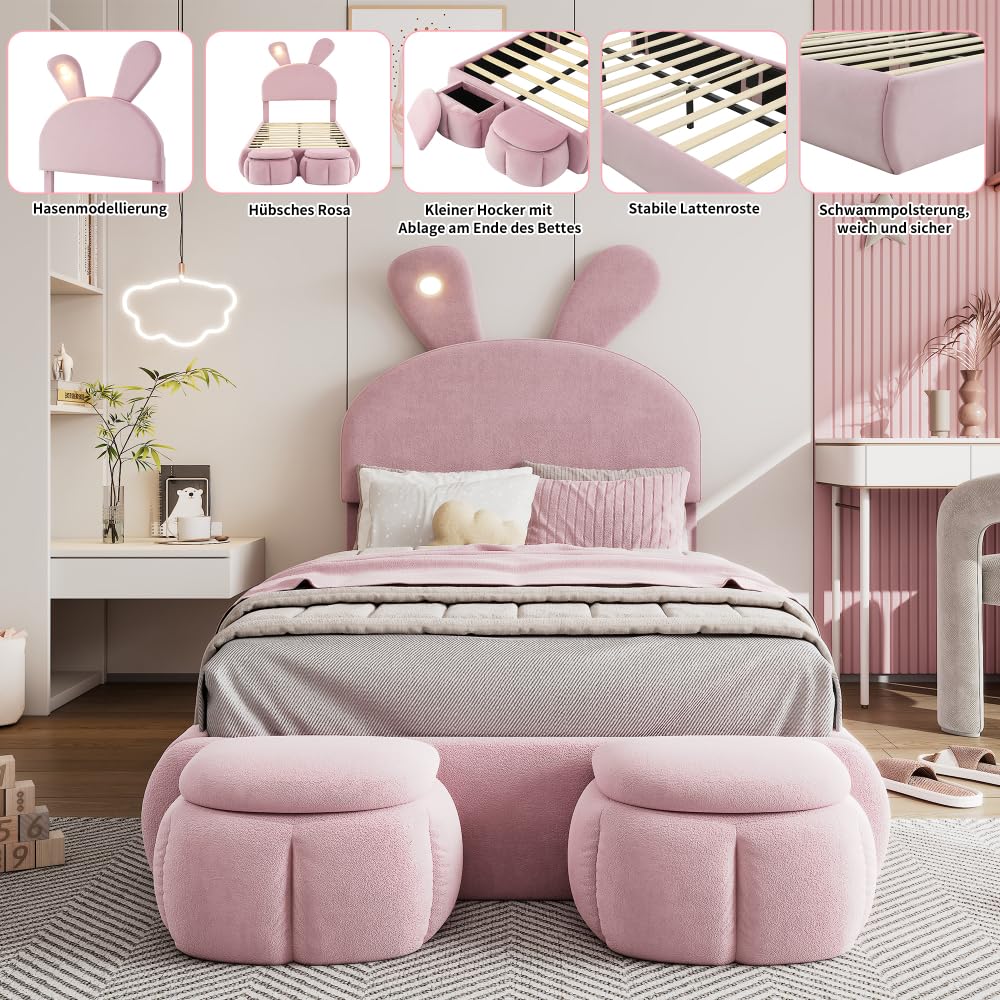 Cama infantil 90 x 200 cm, orejas de conejo brillantes, tiras luminosas cálidas, 2 taburetes de almacenamiento, listones de madera, terciopelo rosa