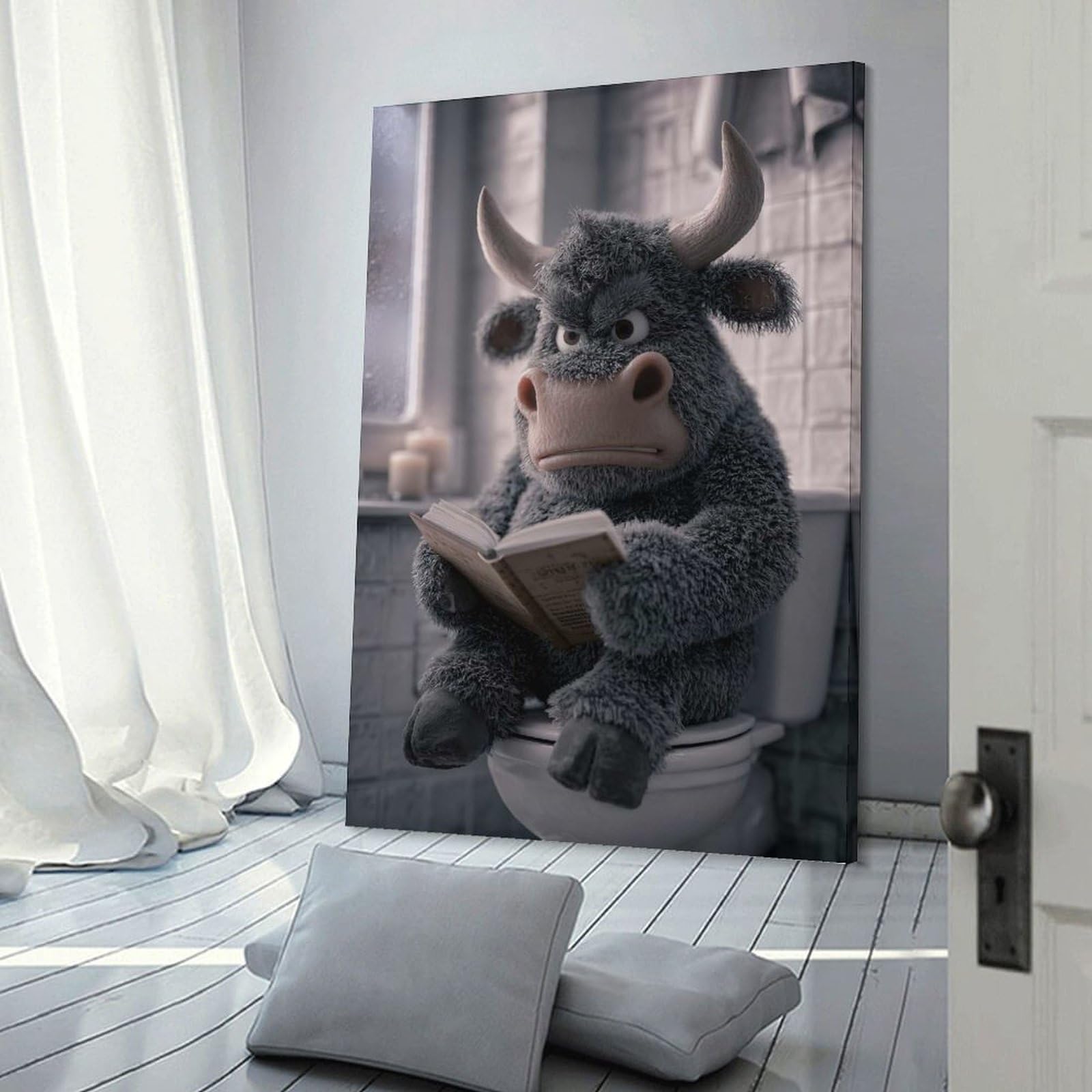 Junmoney Frame-Style-3 Bull Reading On Toilet Decorative Canvas Print, 24X36inch(60X90cm), For Gallery Wall Decor And Room Displays, Wall Decor Suited To Curated Displays