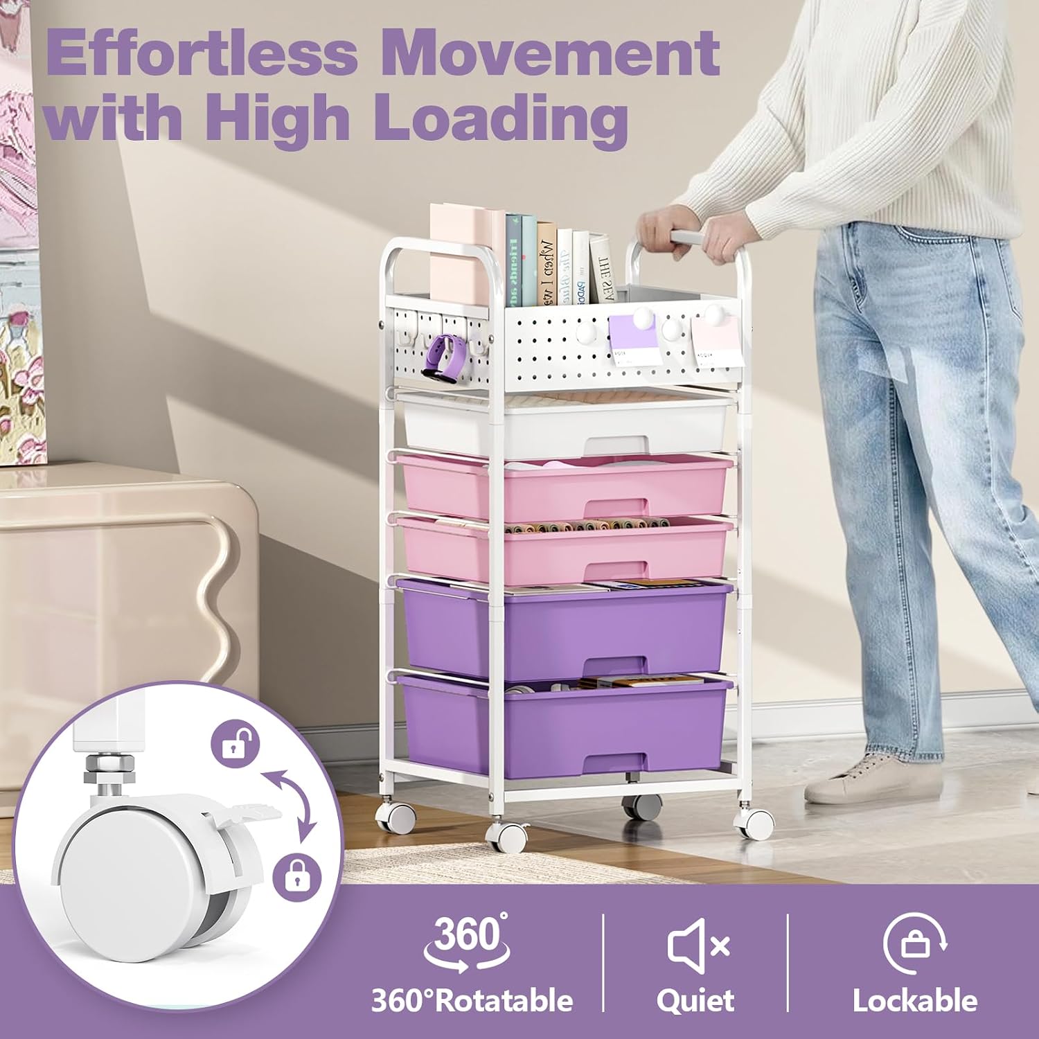 5 Drawer Rolling Storage Cart with Pegboard Top and Hooks, Dreamy Color image 5