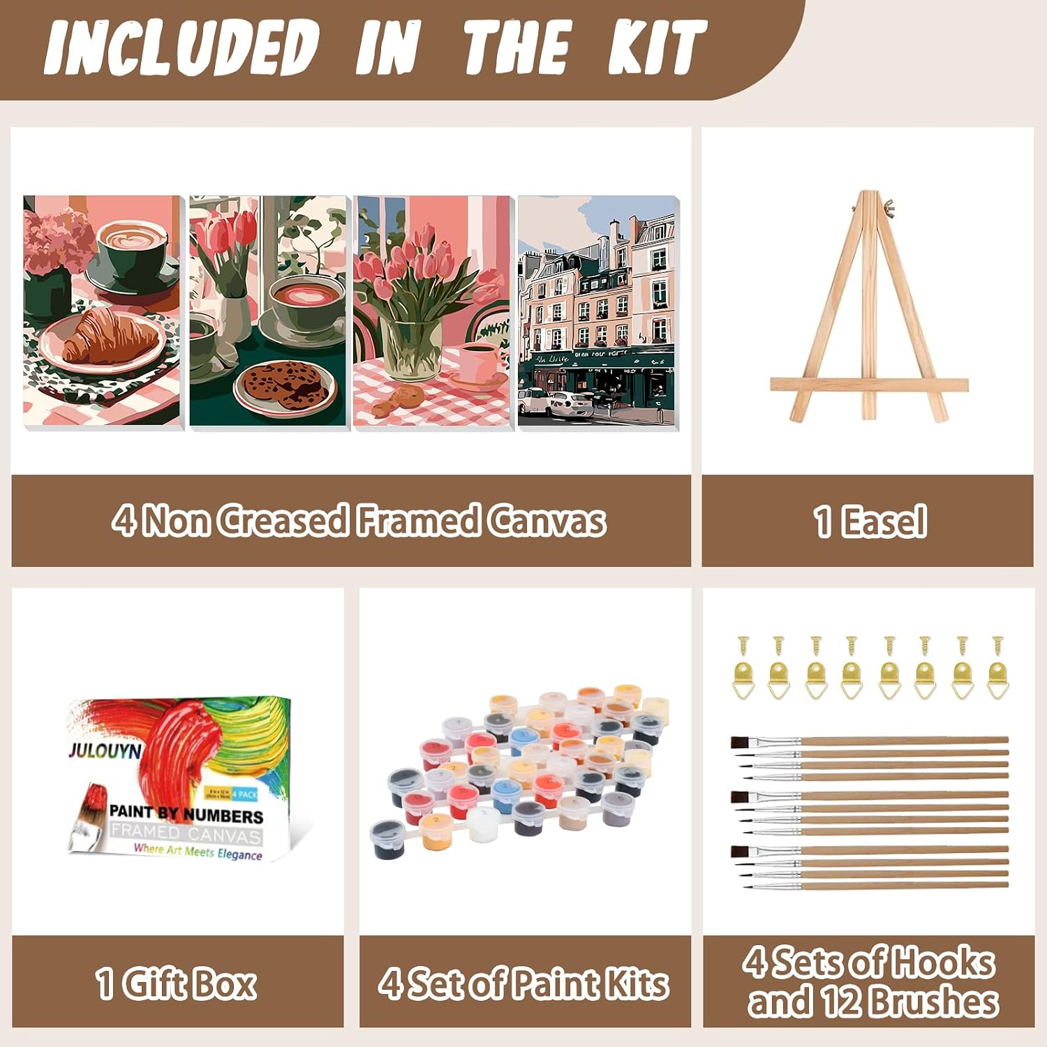 XTCIXAL 4 Pack Paint by Numbers Kit for Adults with Framed and Easel, Food Paint by Number Kits, Afternoon Tea Acrylic Oil Painting with Brushes for Home Wall Decor (8x12 Inch)