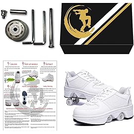 Double-Row Deform Wheel Automatic Walking Shoes Invisible Deformation Roller Skate 2 in 1 Removable Pulley Skates Skating Parkour (White Silver, US 7.5)
