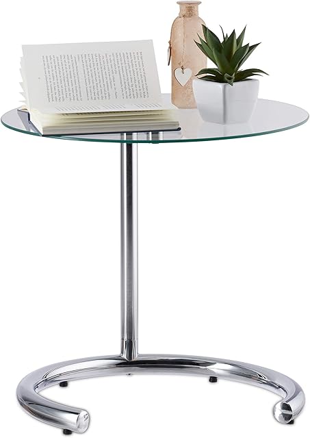 Relaxdays Height-Adjustable Coffee Table 70 cm, Round Living Room Stand, Chromed Steel, Glass Top, Tempered, Silver, 46 cm Ø