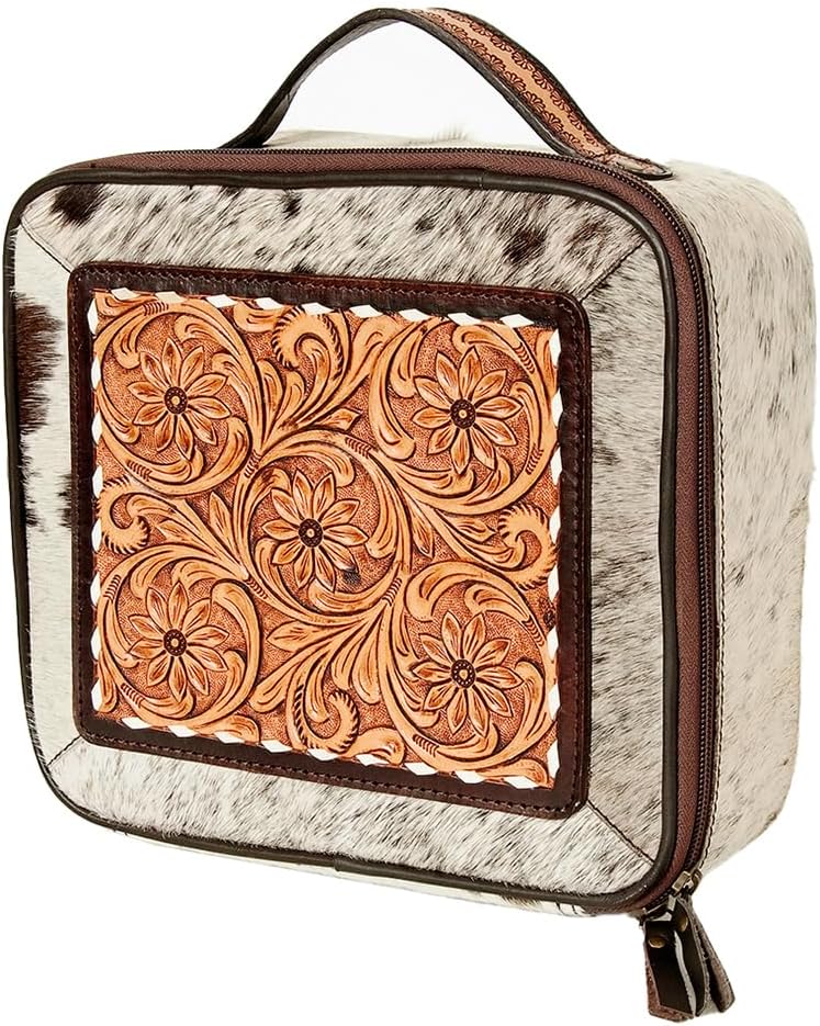 American Darling Genuine Leather Jewelry Case Hair-On Cowhide Floral Carved Tooled Travel Organizer Box with YKK Zipper