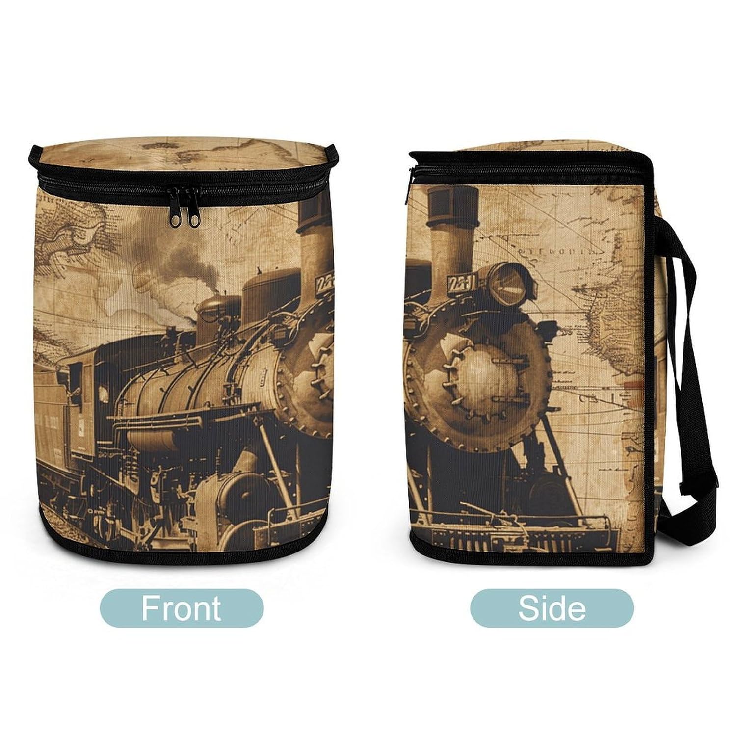 MUSM Leakproof Car Trash Can 2.5 Gallon, Durable Automotive Garbage Bag with Waterproof Liner, Vintage Steam Train Trash Bag for Car, Truck, RV & Bathroom