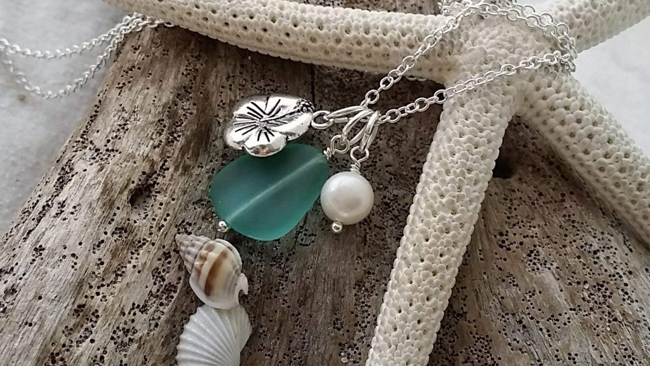 Handmade Small Aqua March Birthstone sea glass necklace, Hawaii State Flower Hibiscus charm, Natural pearl, (Hawaii Gift Wrapped, Customizable Gift Message)