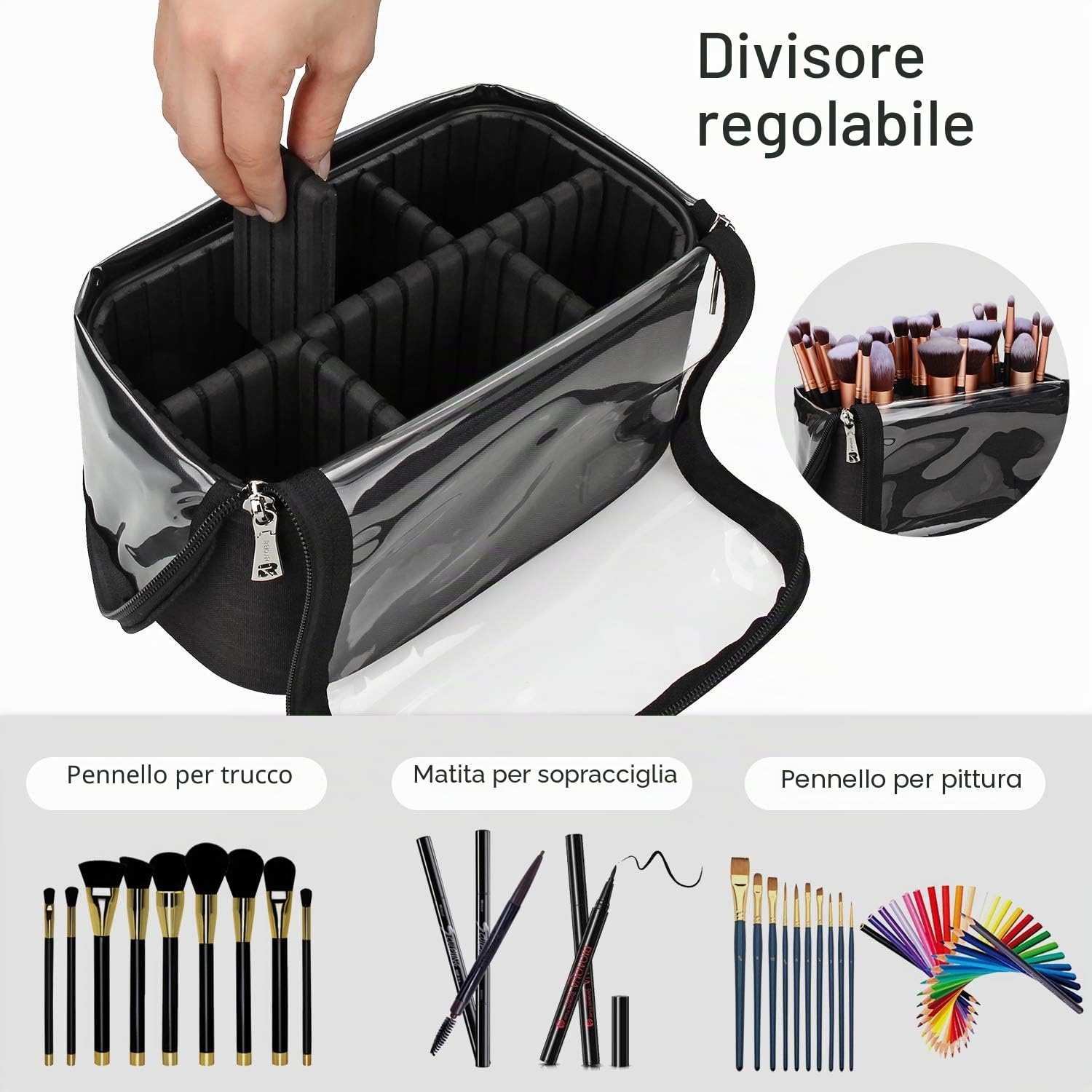 Trousse per pennelli da trucco, organizer multifunzionale per pennelli cosmetici con tracolla, organizer impermeabile per articoli da toeletta per donne e ragazze (nero, grande)