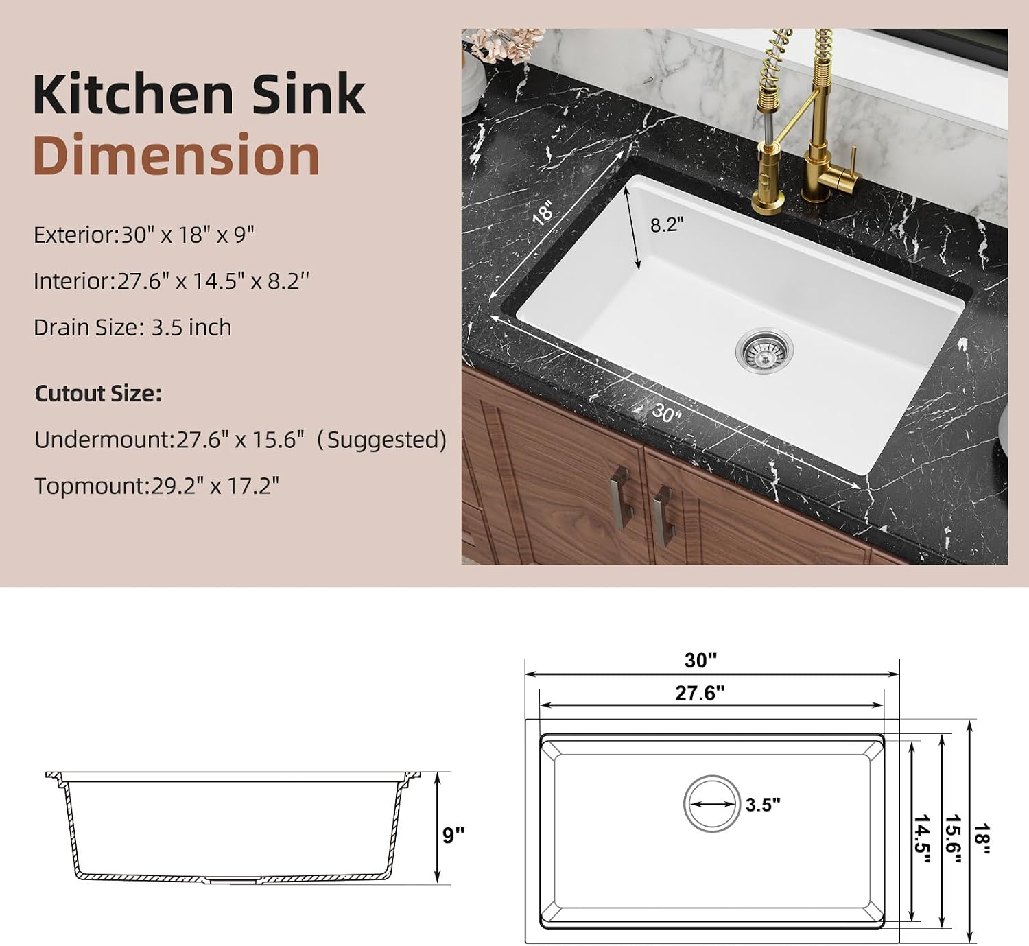 Davivy 30 Inch White Granite Composite Sink Workstation, 30 X 18 White Undermount Kitchen Sink, Dual Mount Installation, Deep Single Bowl with Accessories