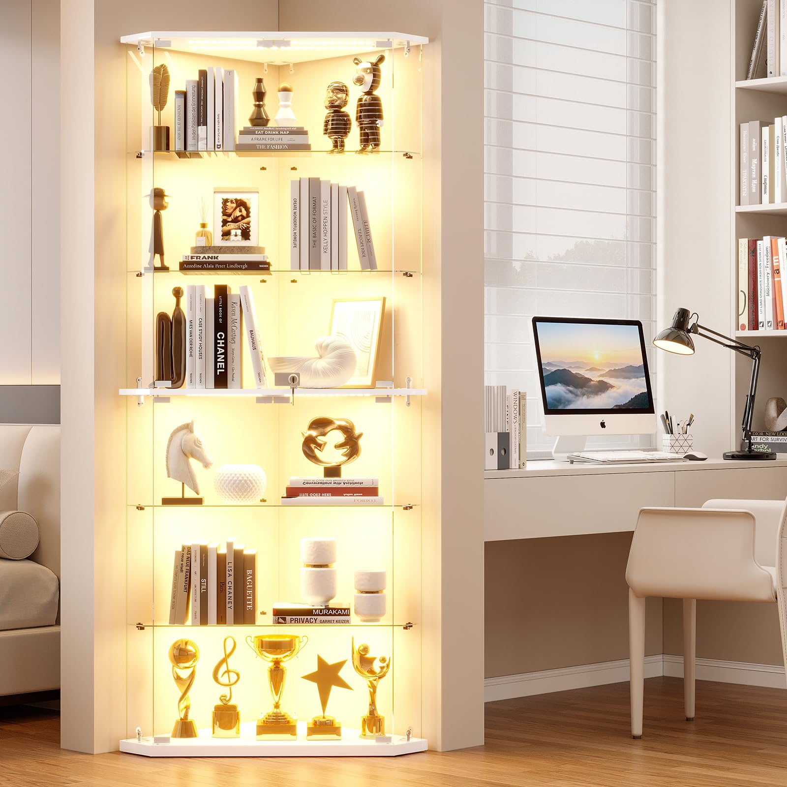 HNEBC 6-Tier Corner Display Cabinet with Glass Doors for Collectible,White