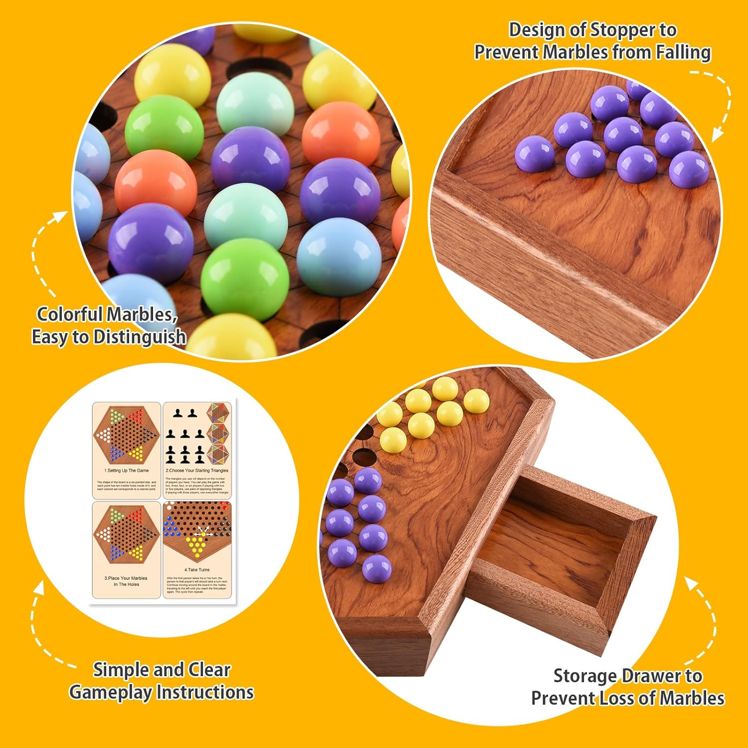 Large Chinese Checkers Upgraded Version Wooden Game Board, 16mm 60+12 Colorful Acrylic Marbles, Easy Grasping for Adults and Kids, with Storage Drawer, Fun for Family Gathering (15in.)