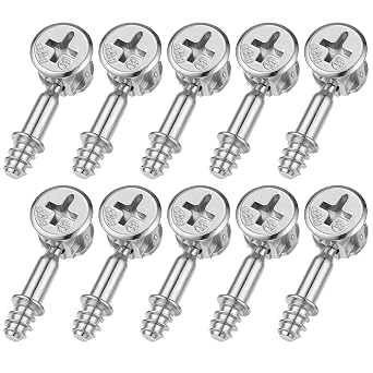 10Pcs Furniture Connecting Fittings and 10Pcs Cam Locks for Cabinets, Furniture Cam Lock Fasteners Thread Bolts Dowel Screws Furnitures Connector Bolts for Drawer and Wardrobe, Silver 28Mm Screw