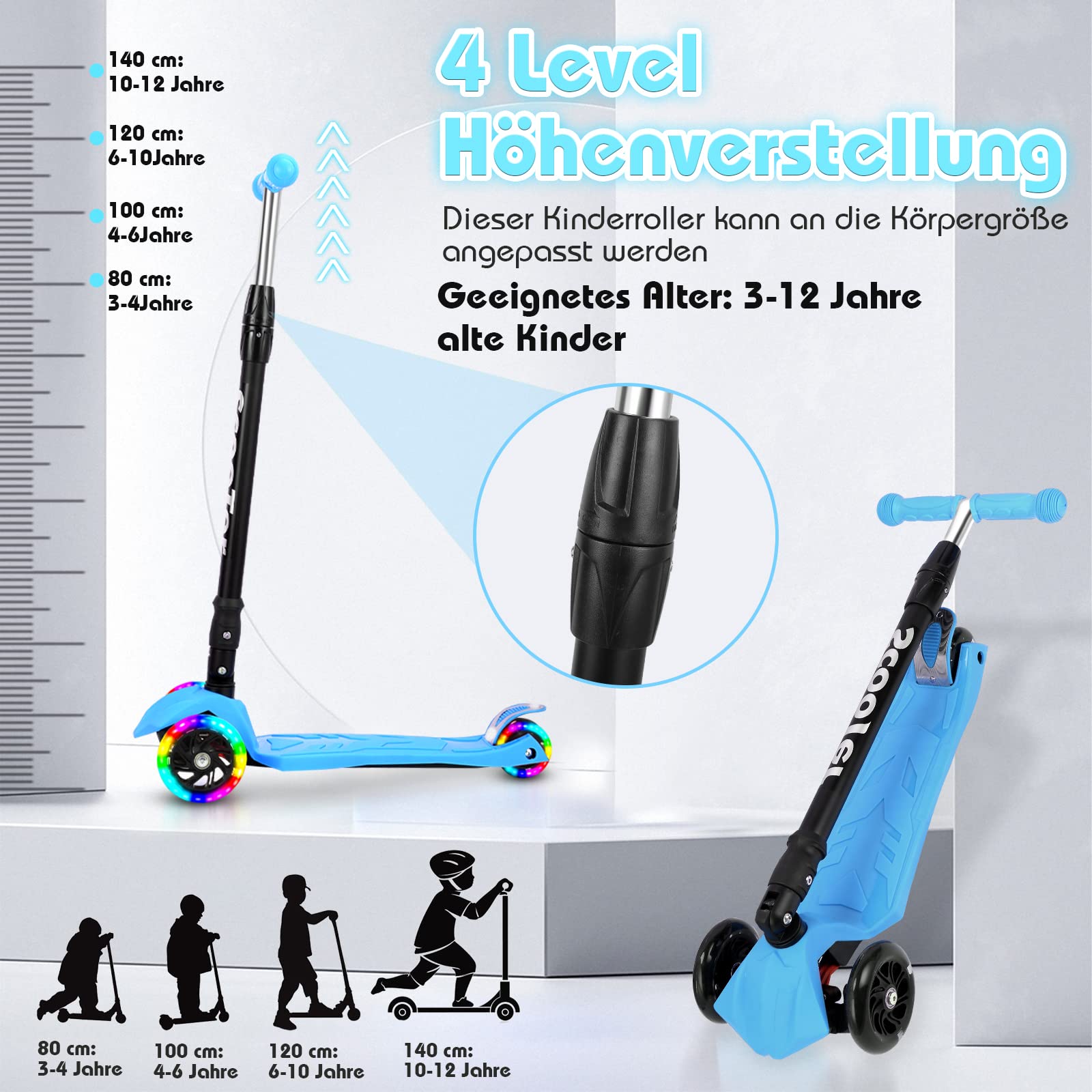 Patinete infantil plegable, altura regulable, con ruedas grandes y correa de transporte