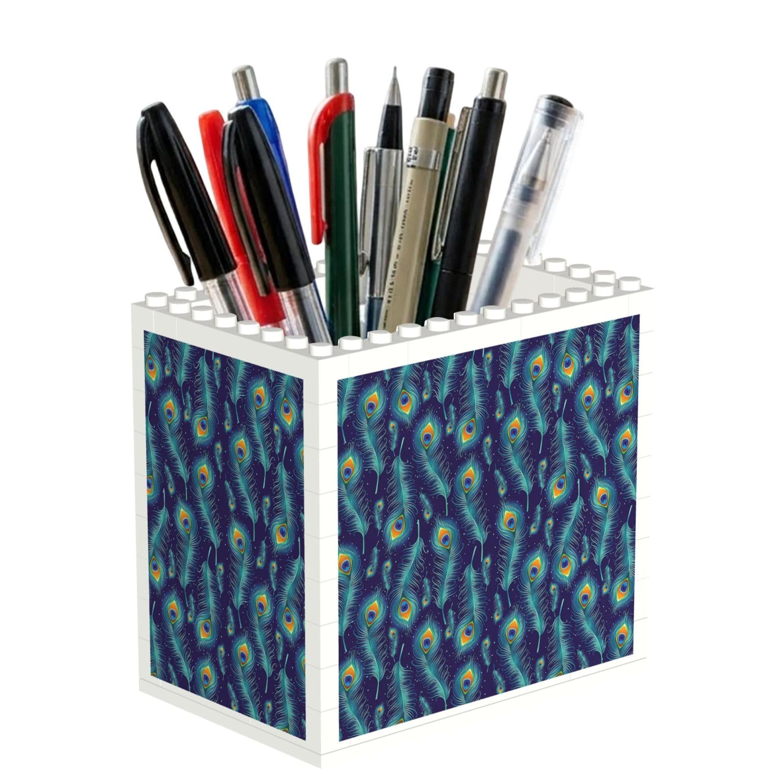 SATUSA Peacock Birds Feathers Print Building Block Texture Pen Holder - Pencil Holder For Desk Pen Organizer,Aesthetic Desk Accessories For Women(1pcs)
